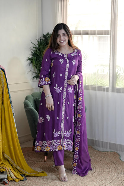 Mreeyal Purple Thread Embroidered A line Suit Set