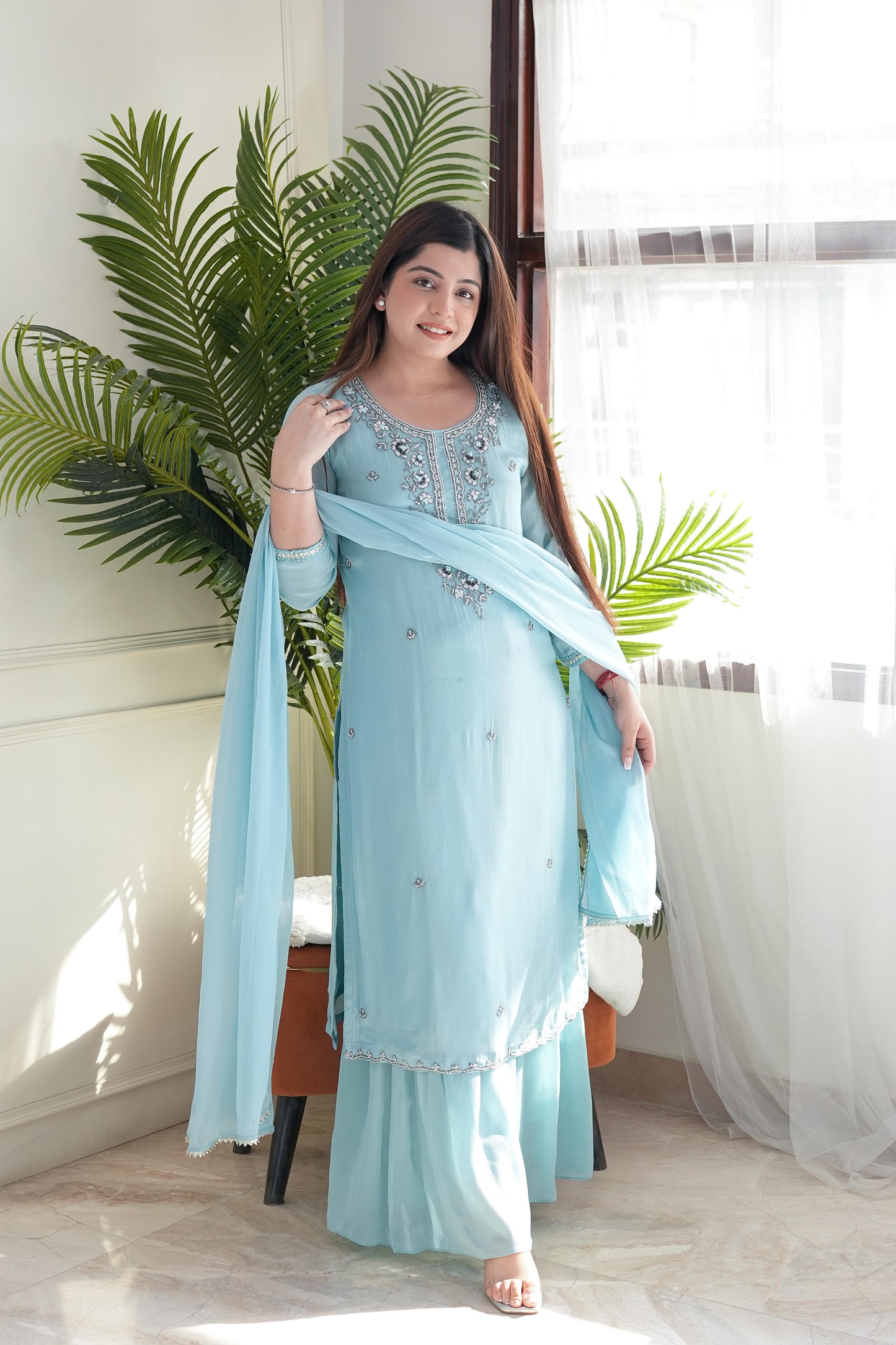 Urna Blue Embroidred Sharara Set