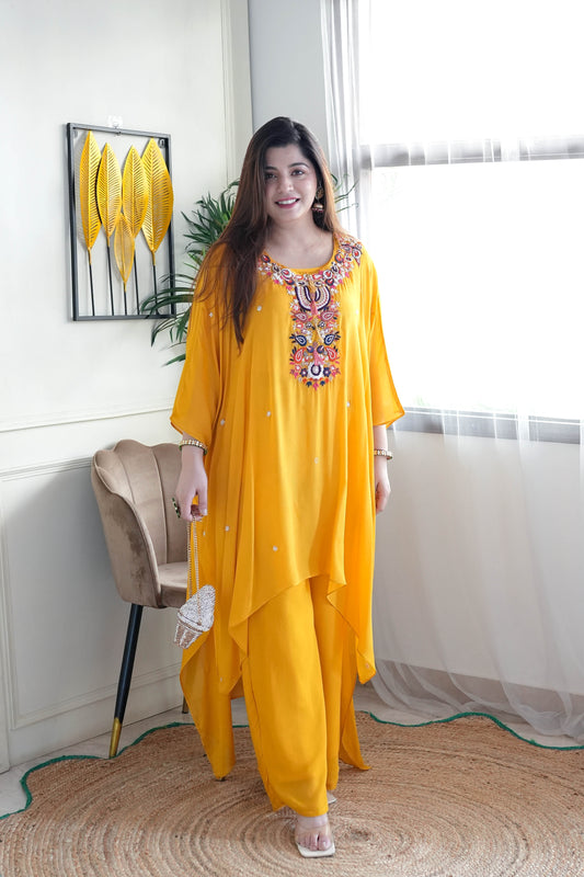 Yumna Yellow Embroidered Kaftan Set