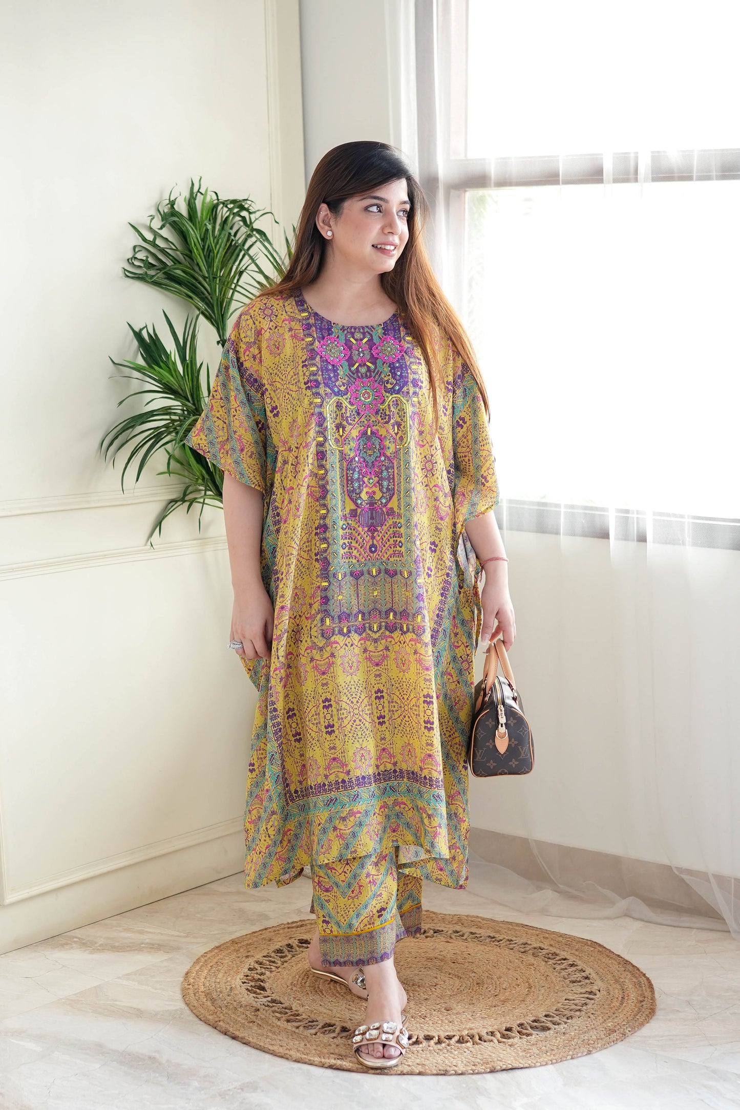 Rehem Printed Kaftan Set with Neck Embroidery