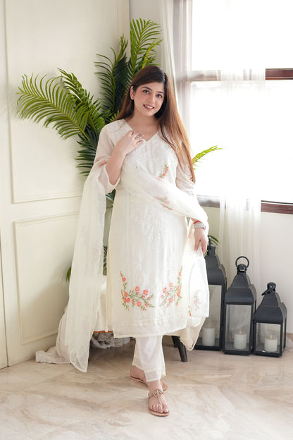 Zeenat White Embroidered Organza Suit Set