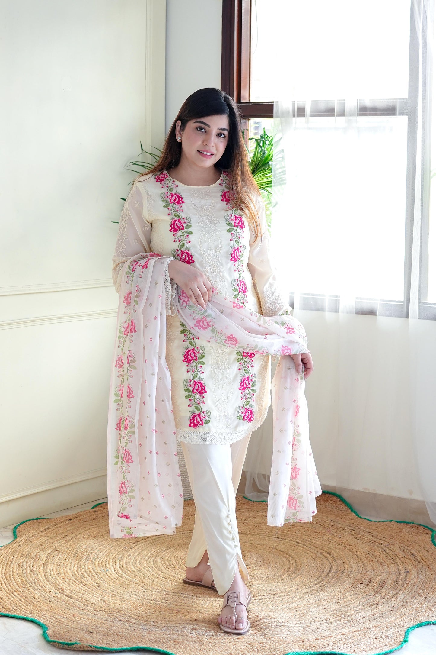 Kiara Off White Thread Work Suit Set