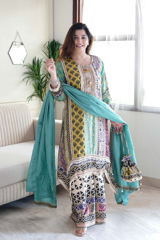 Tira Luxe Green Embroidered Suit Set