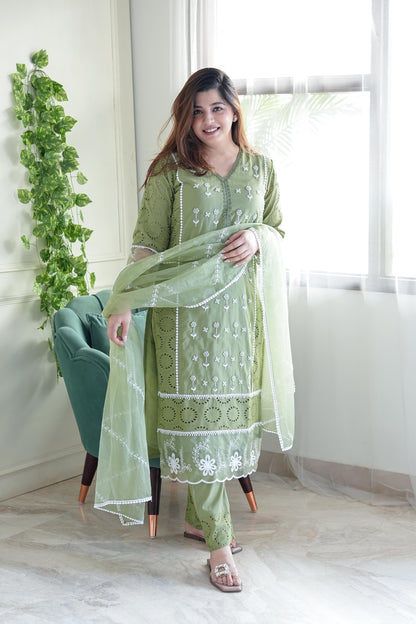 Meera Green Embroidery Cotton Suit Set