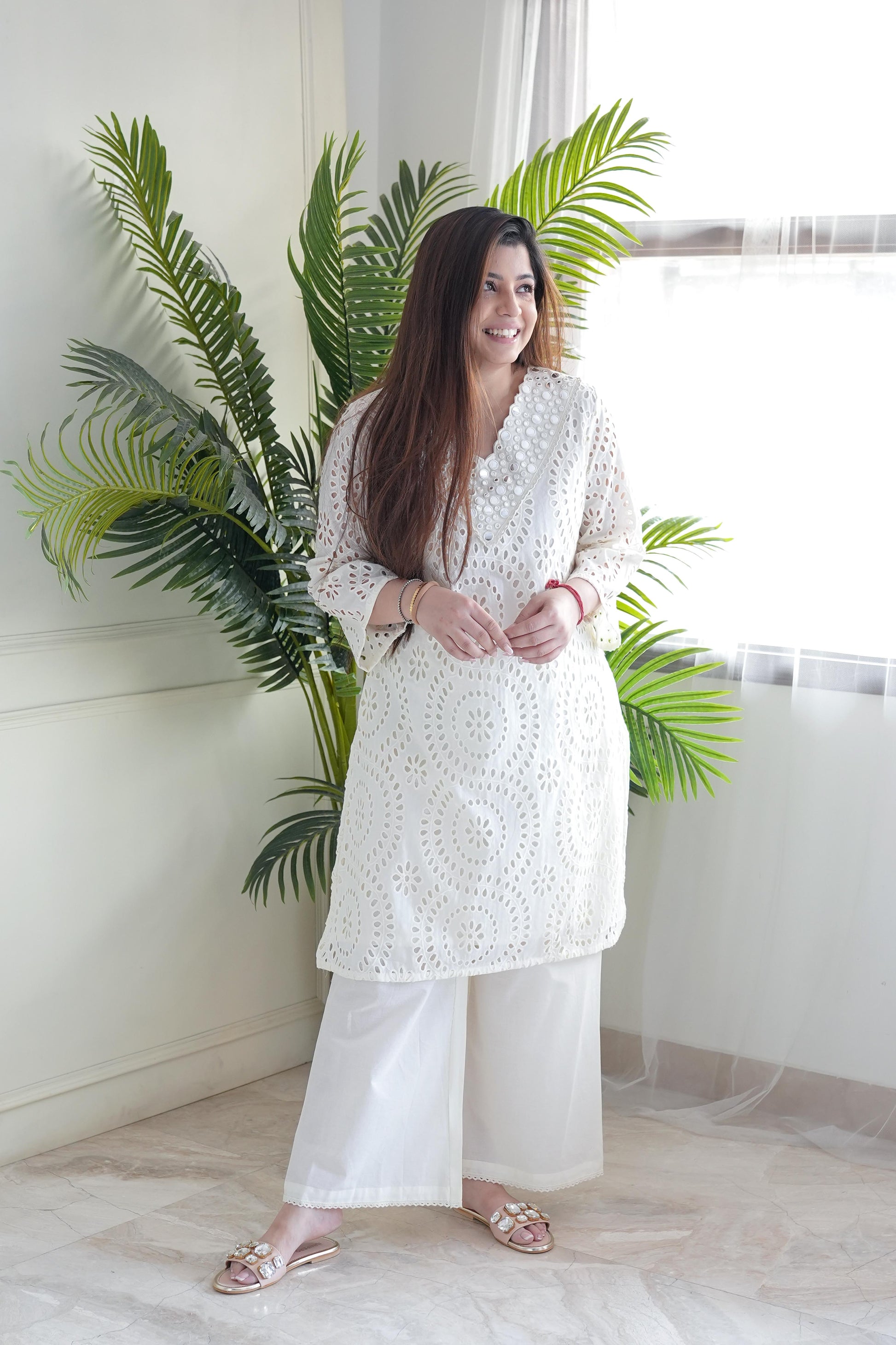 Gaura White Cutwork Plazo Set