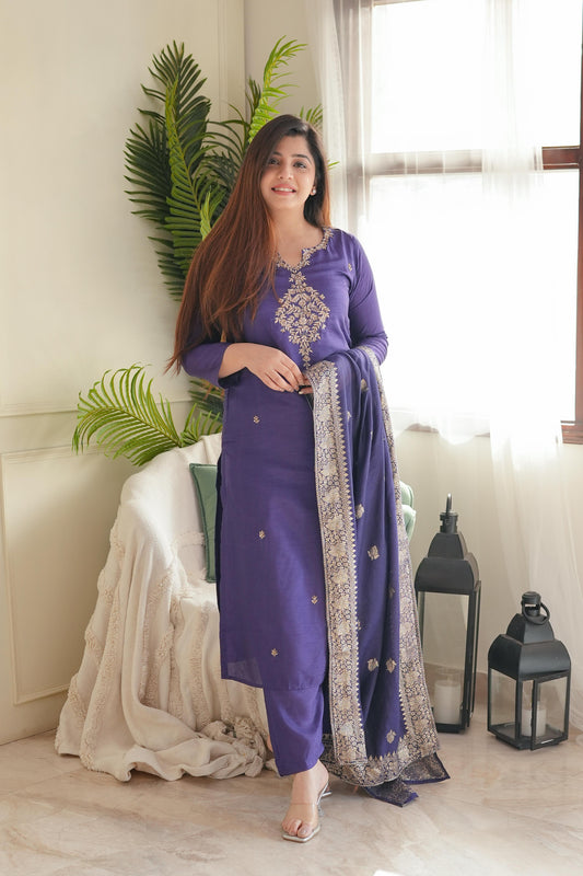 Neera Purple Zari Embroidered Suit Set