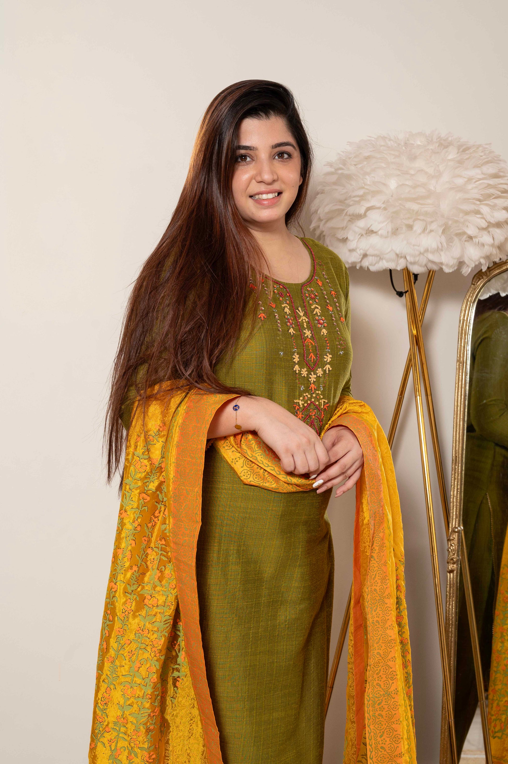 Chanda Green Suit Set With Painted Dupatta