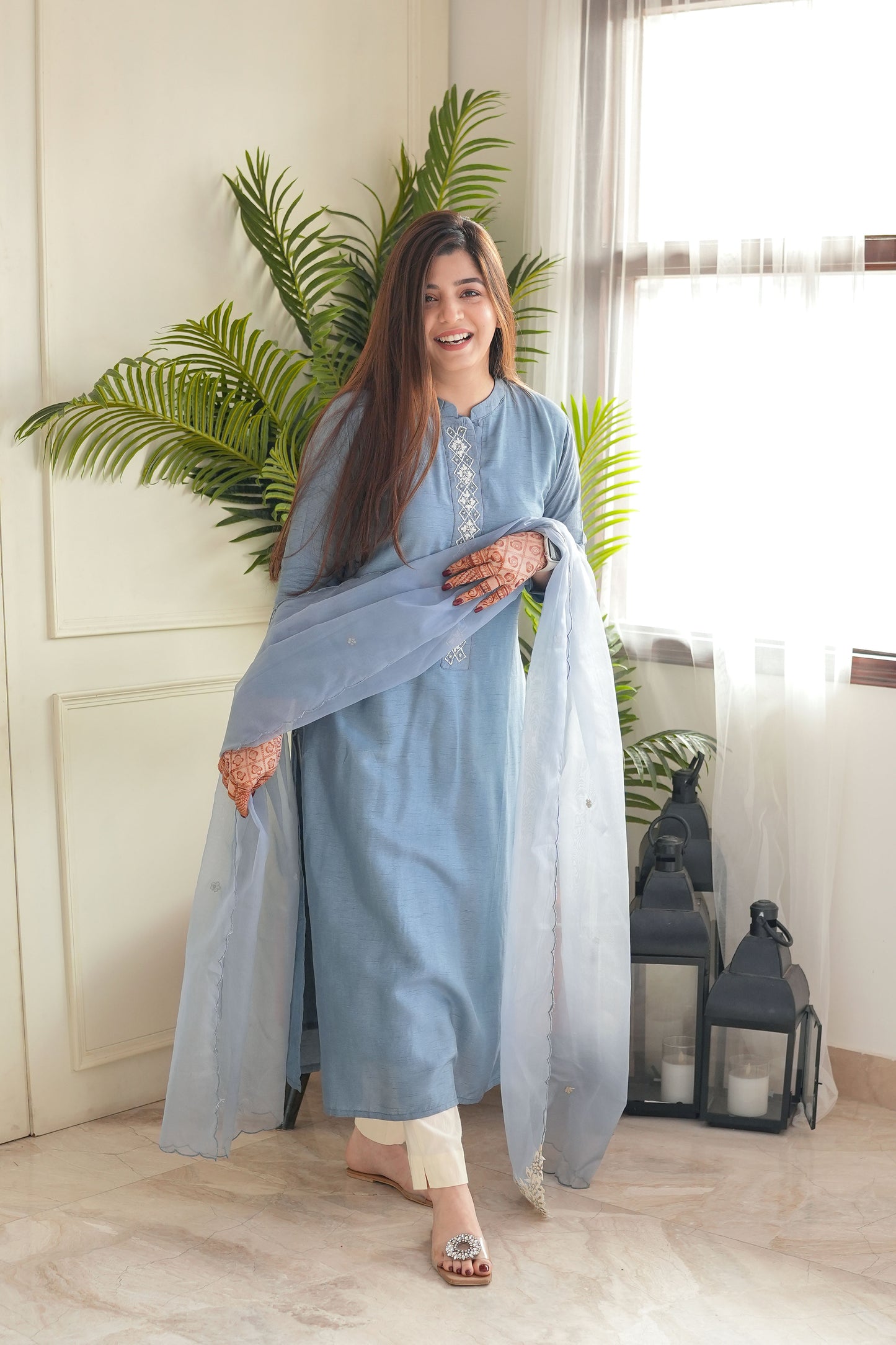 Sia Blue Silk Shirt And Dupatta