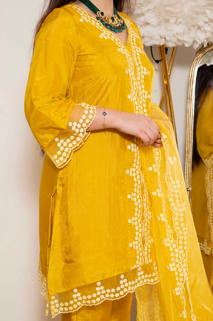 Sukh Yellow Silk Suit With Schiffli Detailing