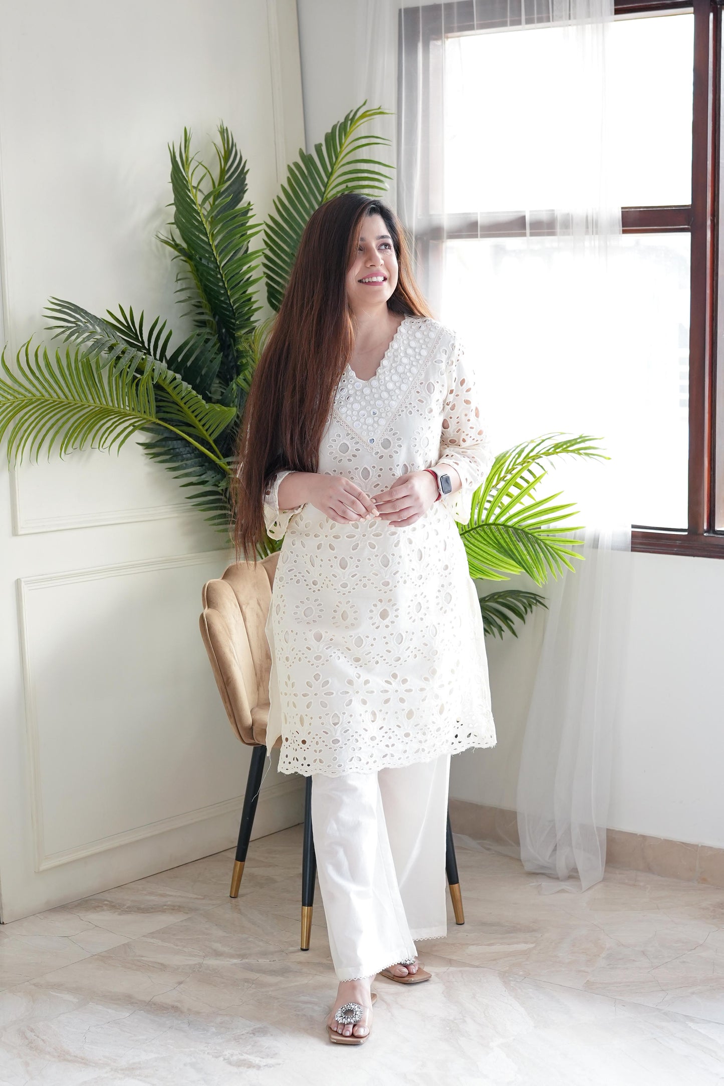 Veda White Cutwork Plazo Set