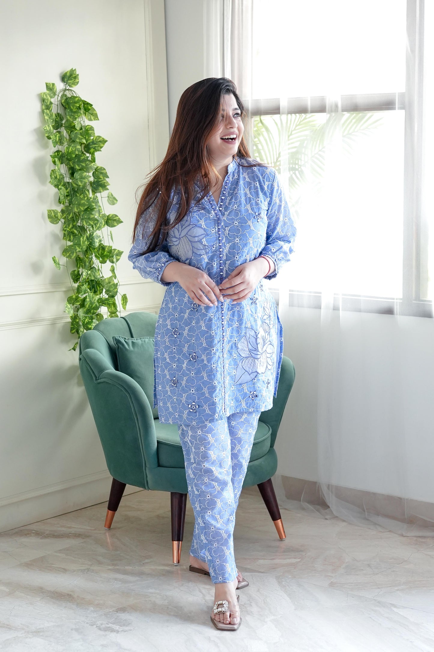 Viyaah Blue Schiffli Co ord Set