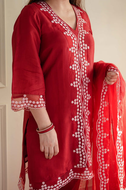 Sukh Red Schiffli Suit Set