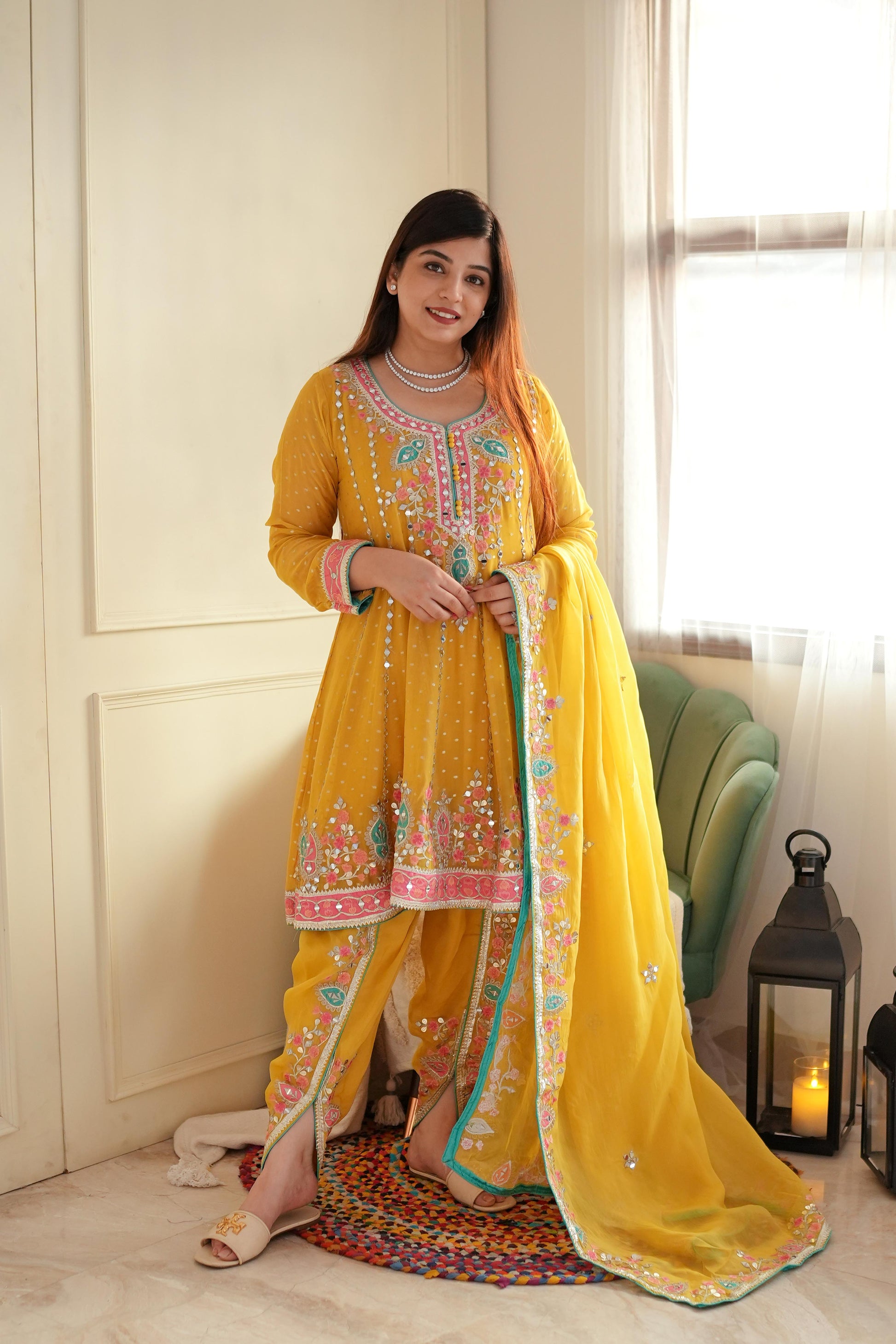 Kiara Yellow Mirror Work Short Anarkali With Dhoti