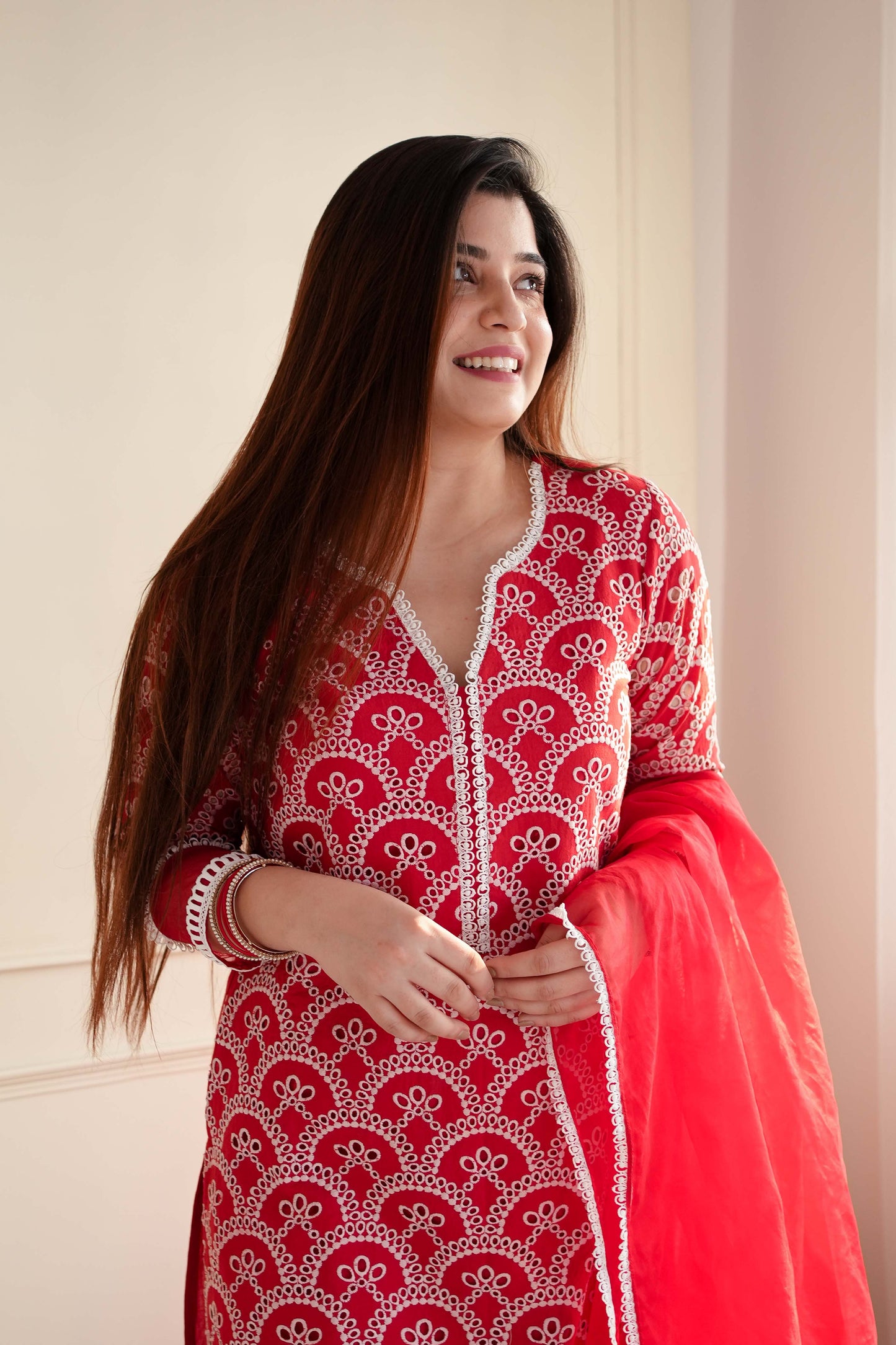 Mehera Red Cutwork Cotton Suit Set