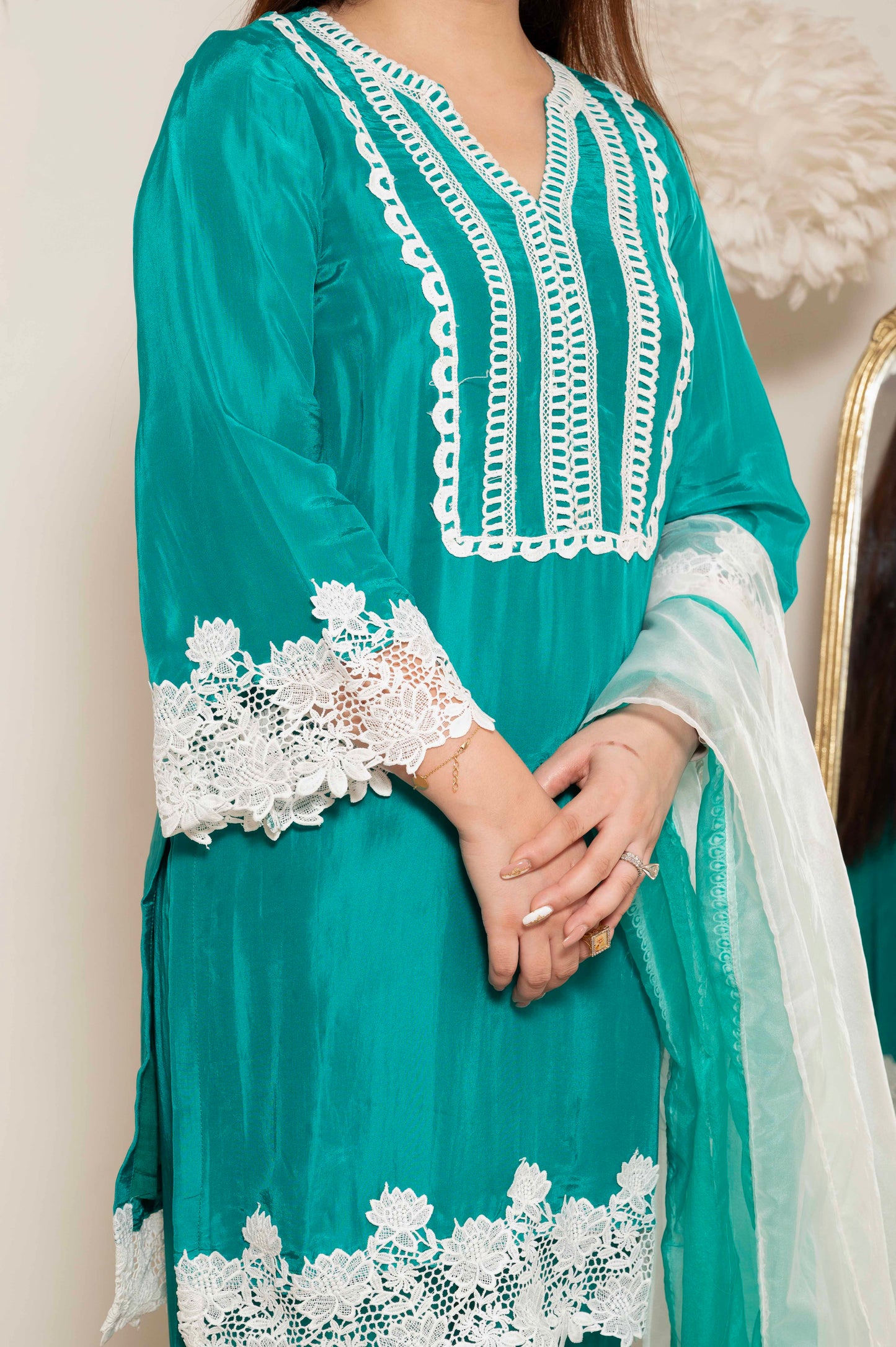 Tirana Green Suit Set With Cutwork Detailing