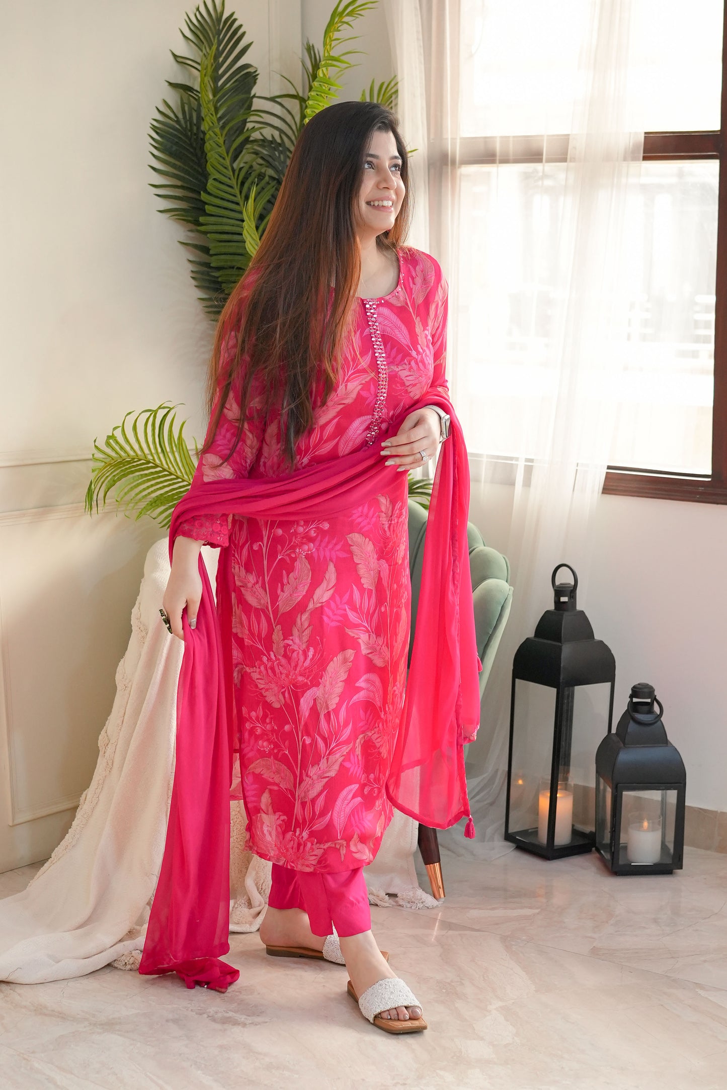 Raha Hot Pink Printed Suit Set