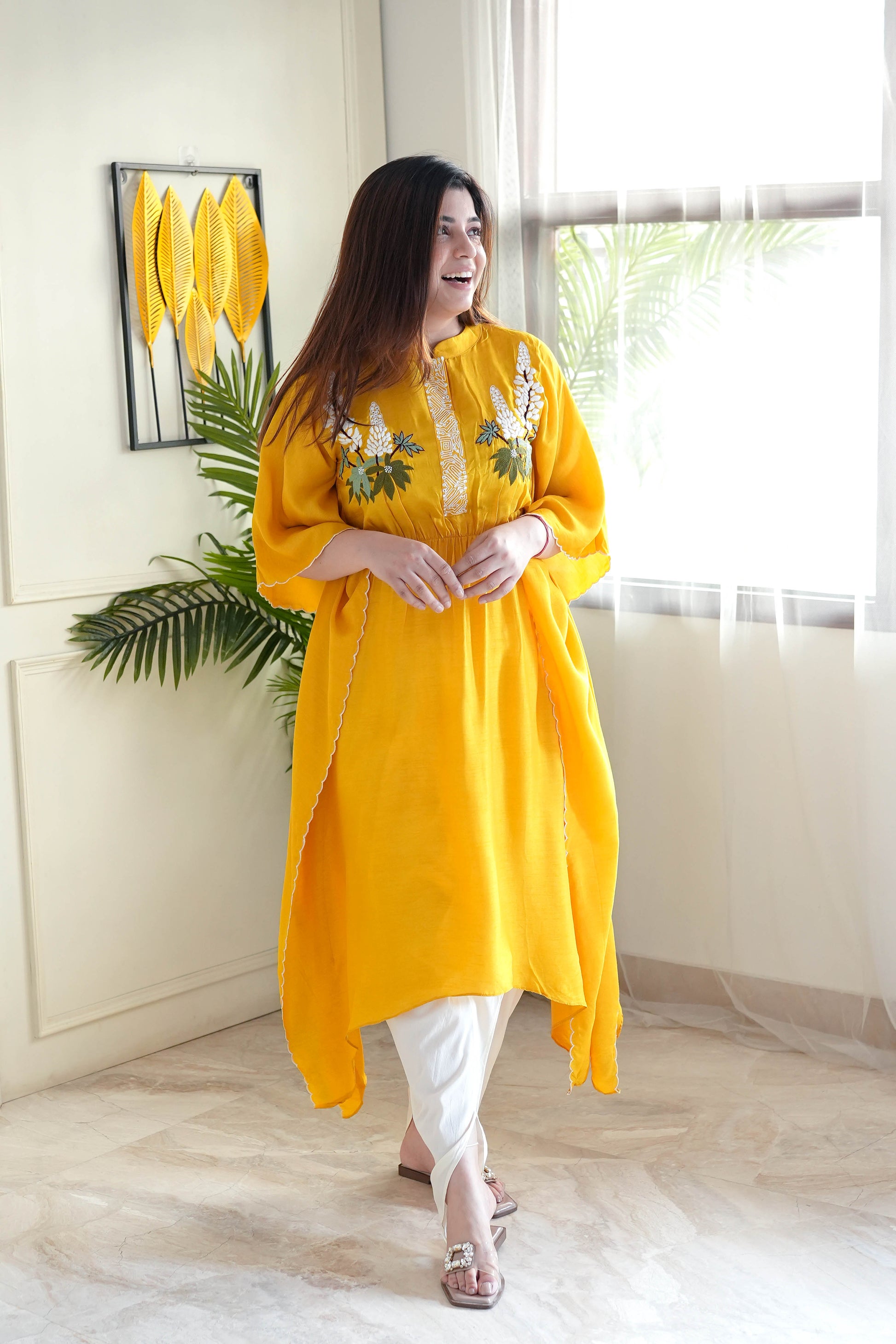 Saba Yellow Hand Embroidered Kaftan Set