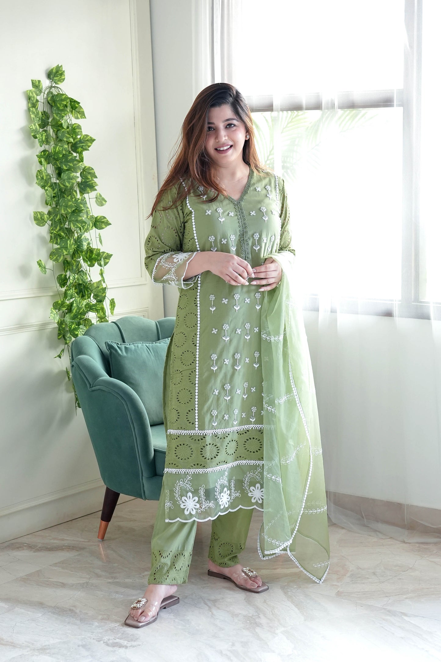 Meera Green Embroidery Cotton Suit Set