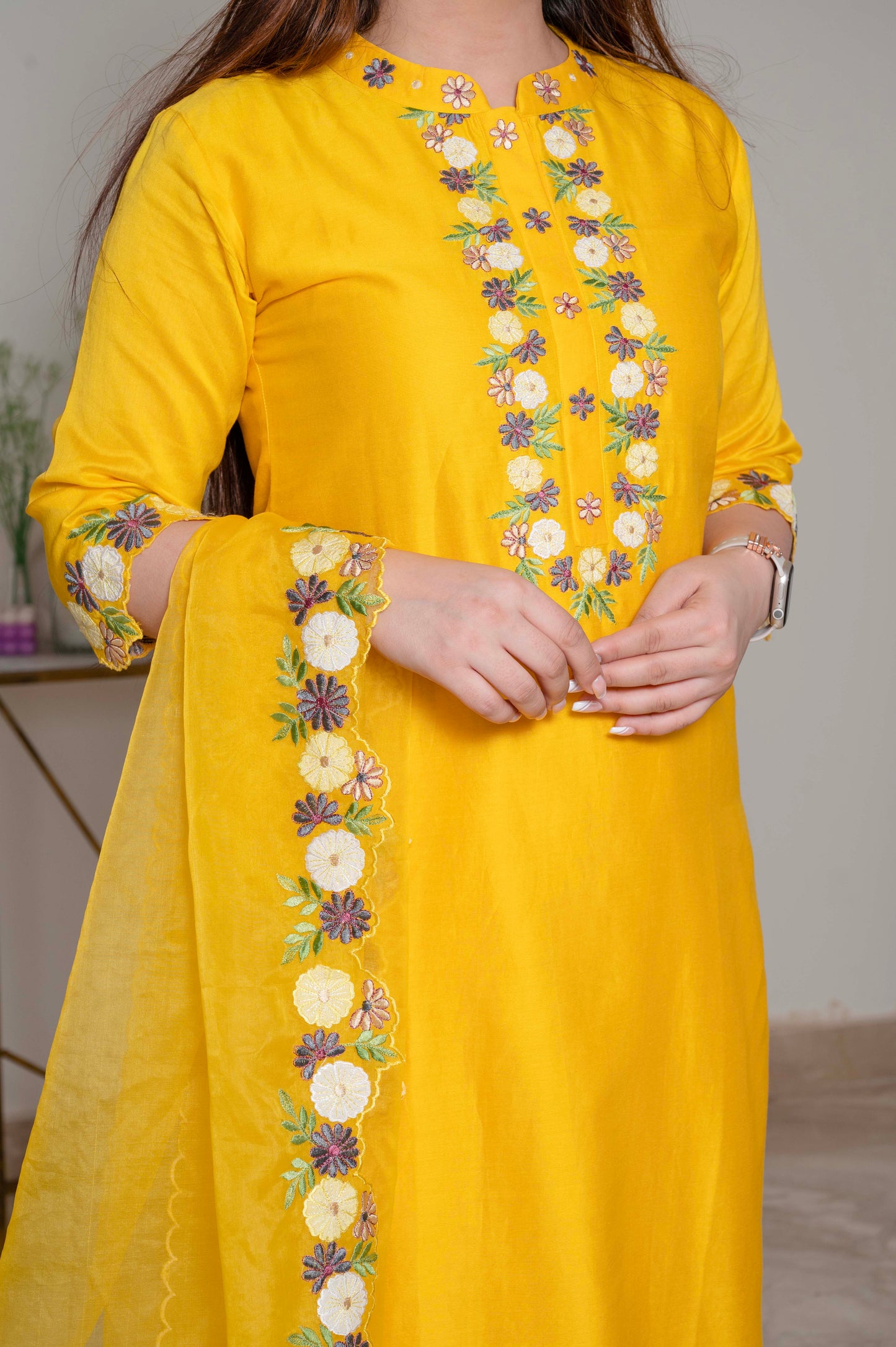 Nadira Yellow Embroidered Silk Suit Set