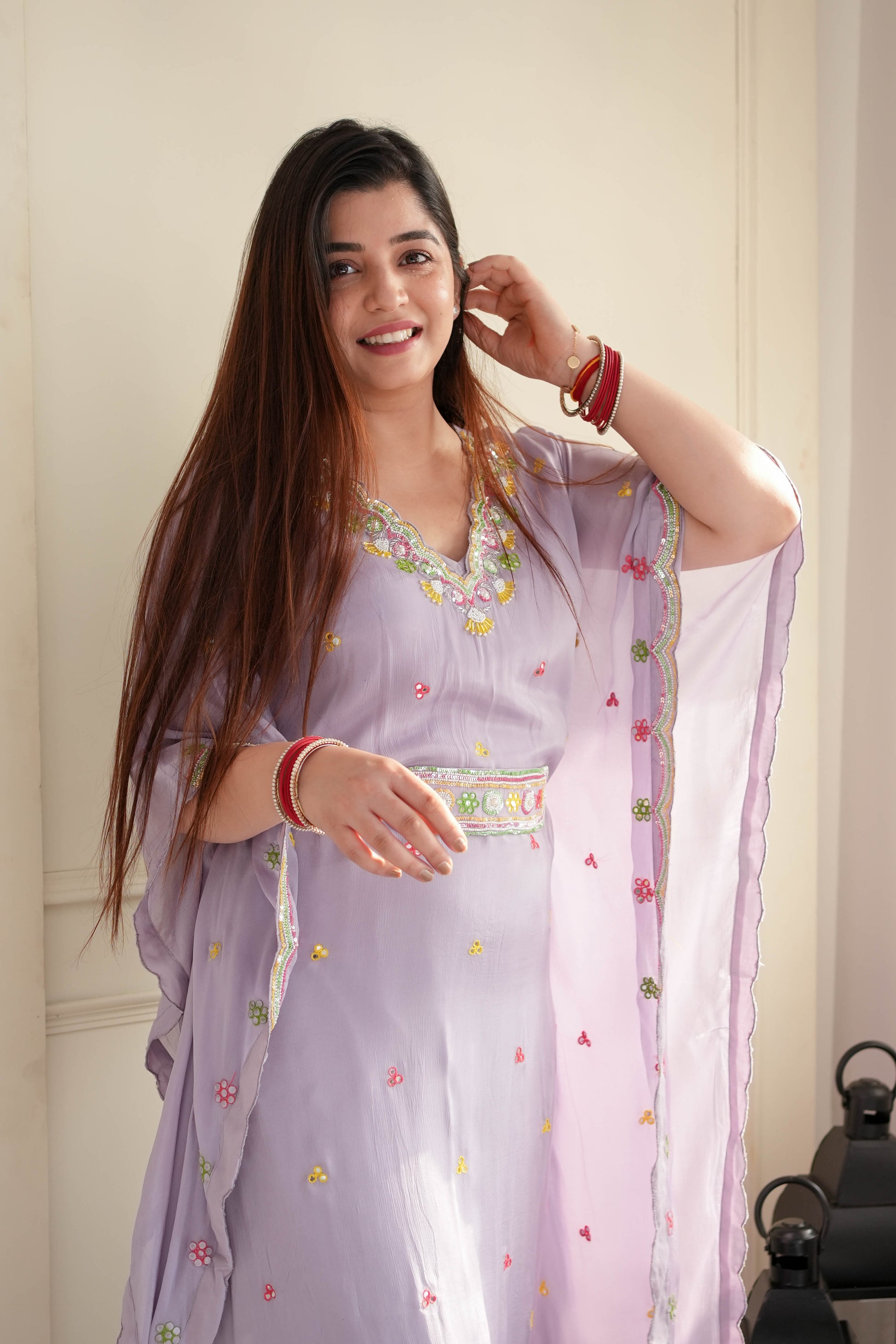 Simar Lavender Embroidered Kaftan Set