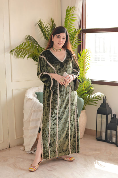 Naira Green Side Slit Velvet Dress