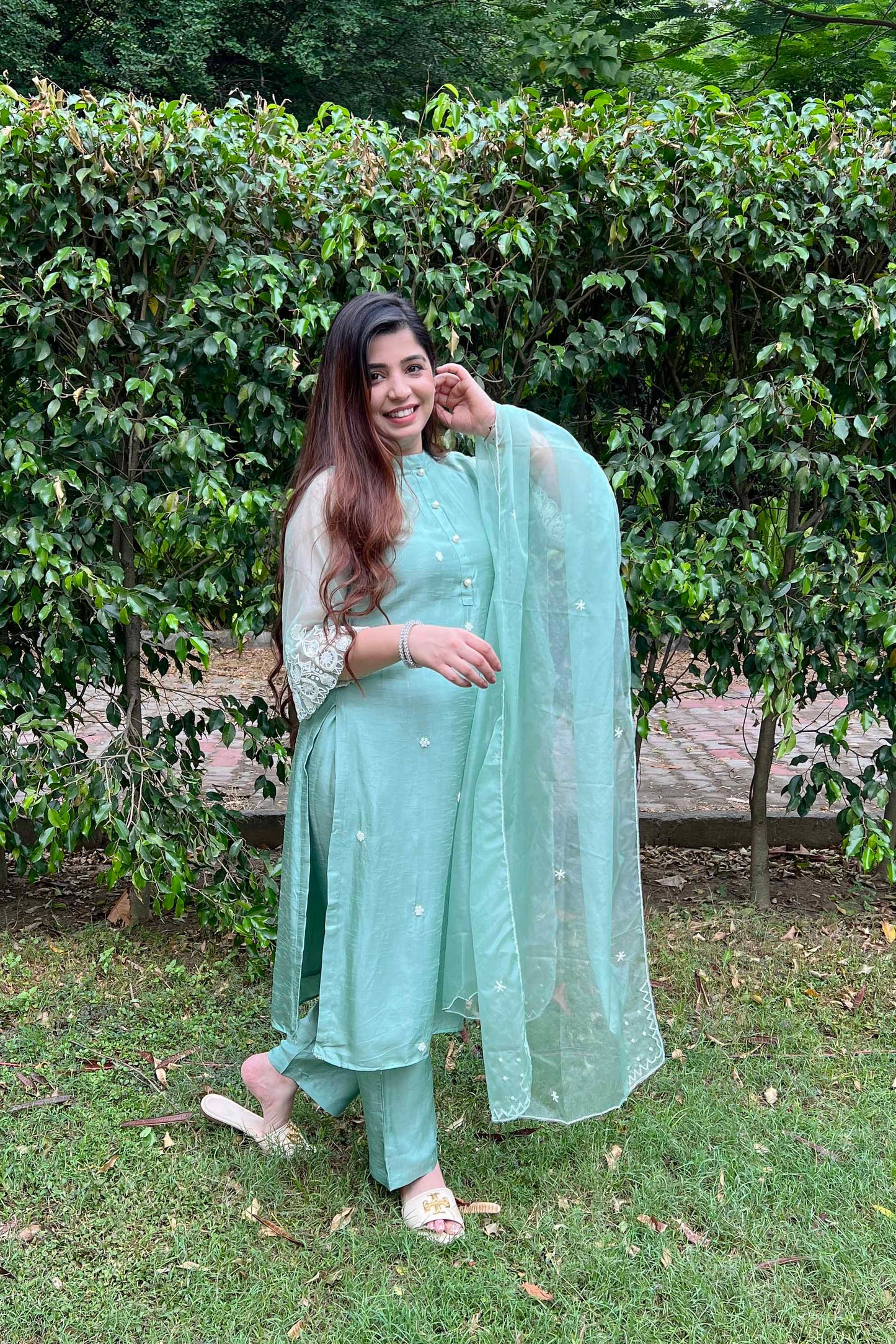 Sara Pastel Green Silk Suit With Beads