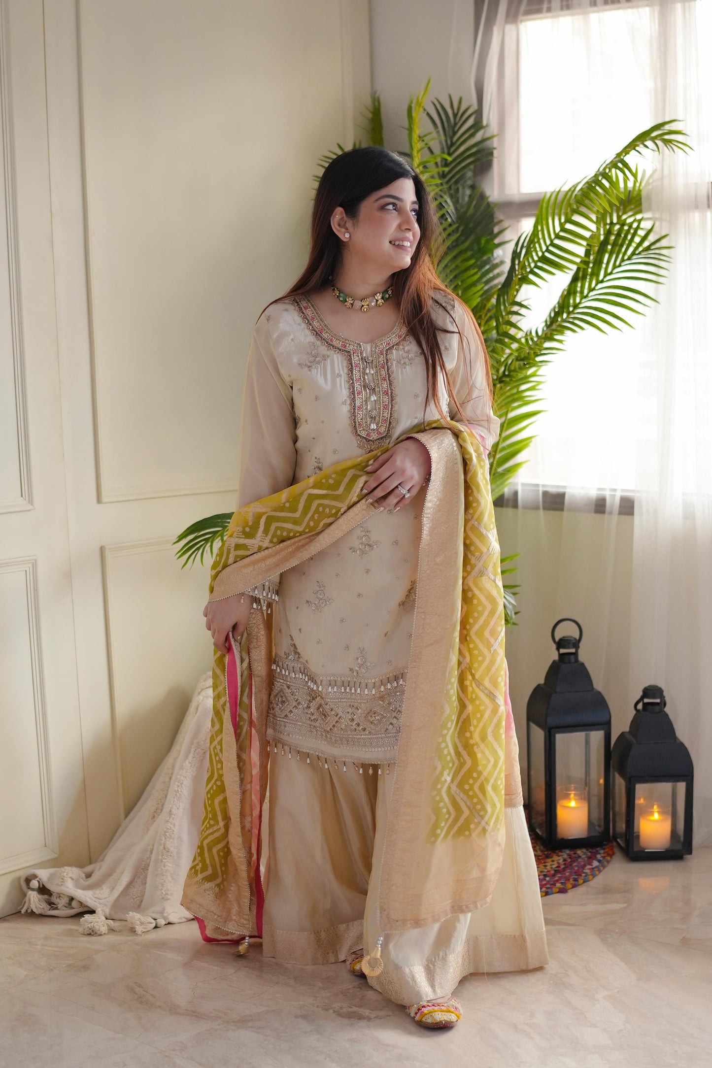 Nimrit Silk Suit Set With Yellow Bandhani Dupatta