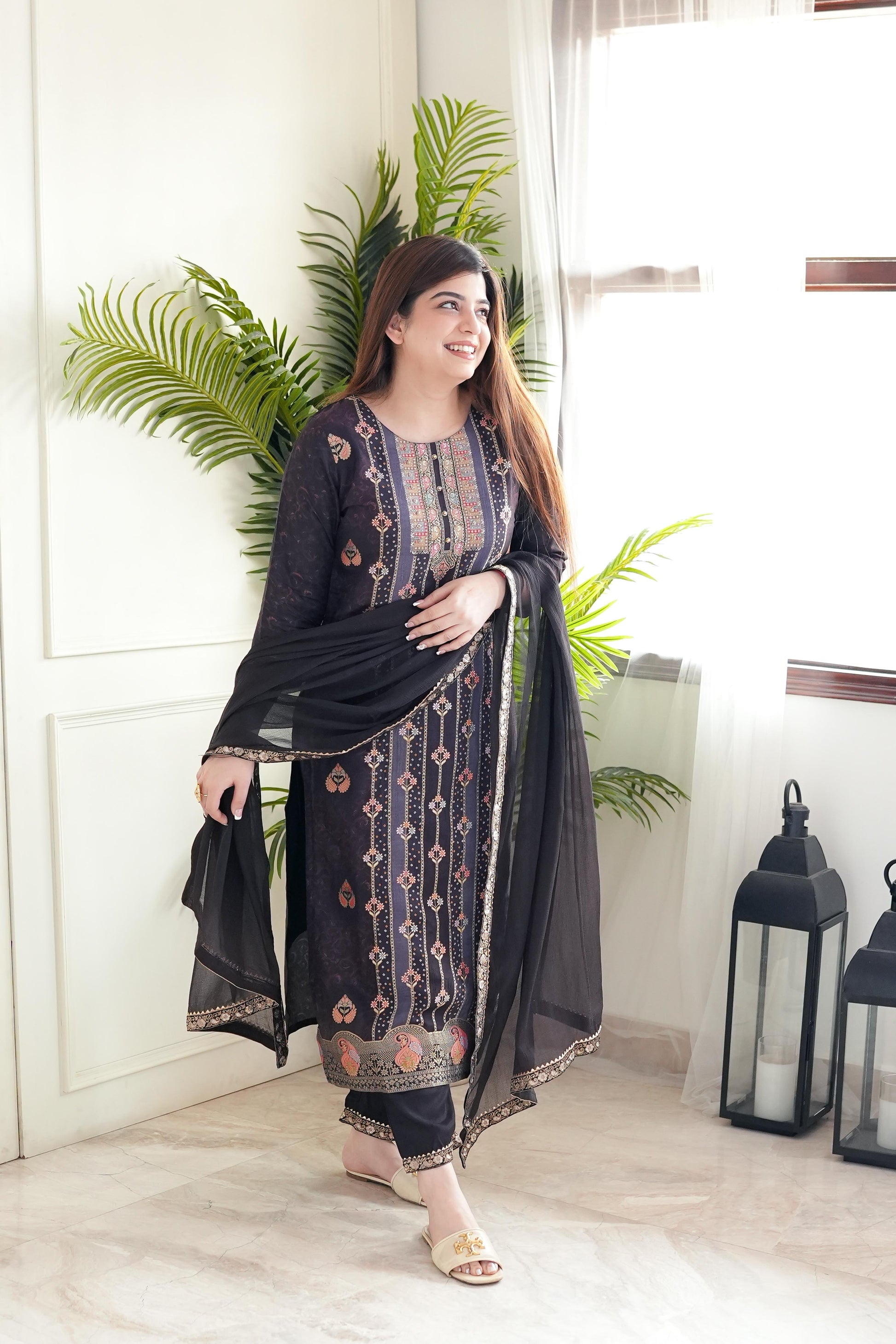 Beena Black Silk Suit Set