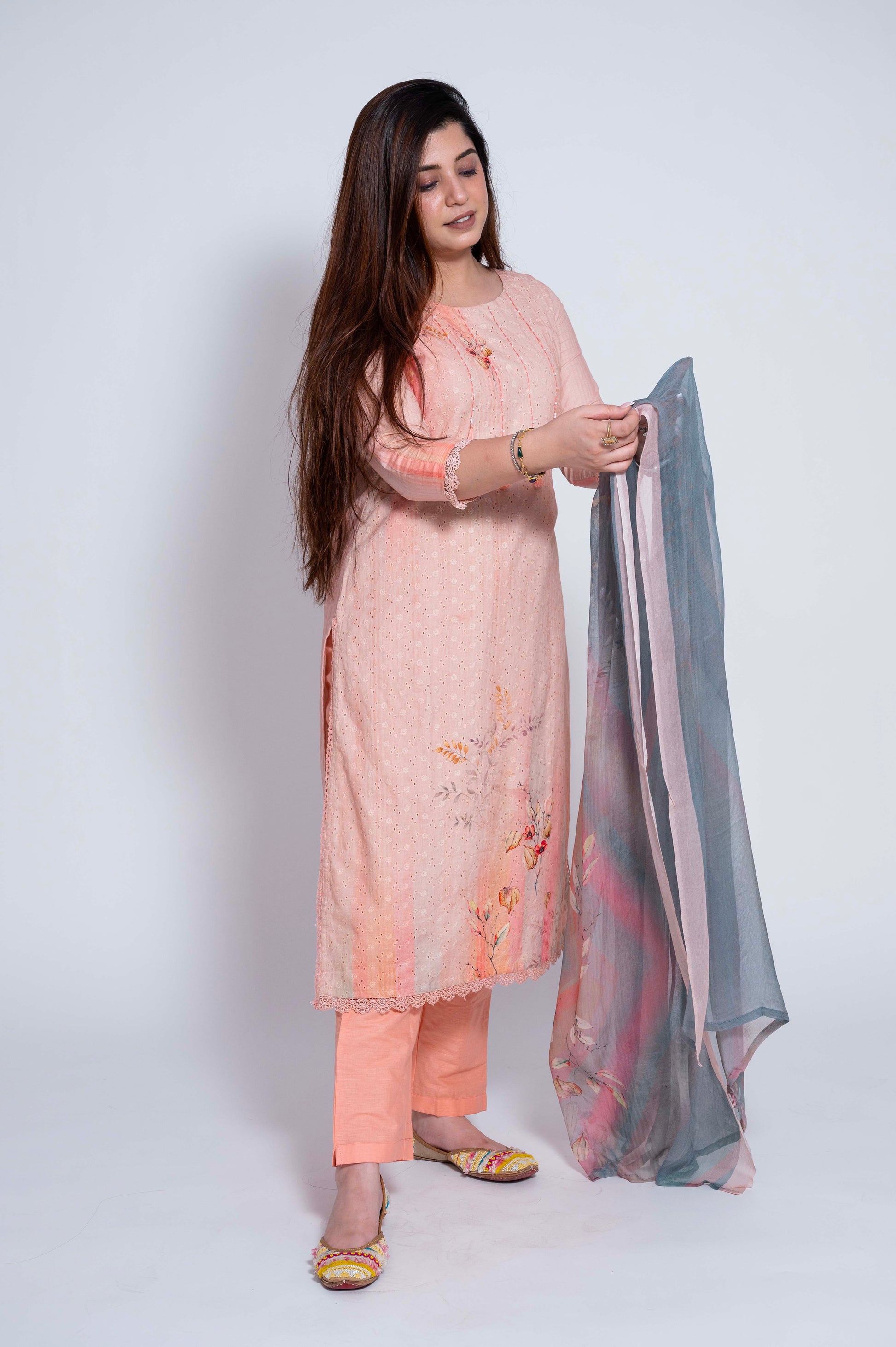 Isra Peach Schiffli Straight Suit Set