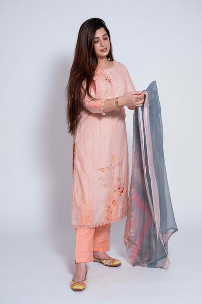 Isra Peach Schiffli Straight Suit Set