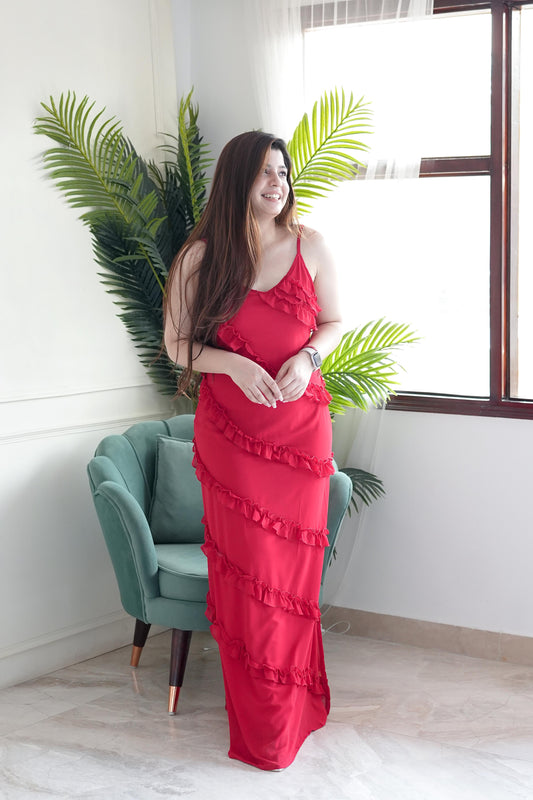 Luxe Red Long Maxi With Frills