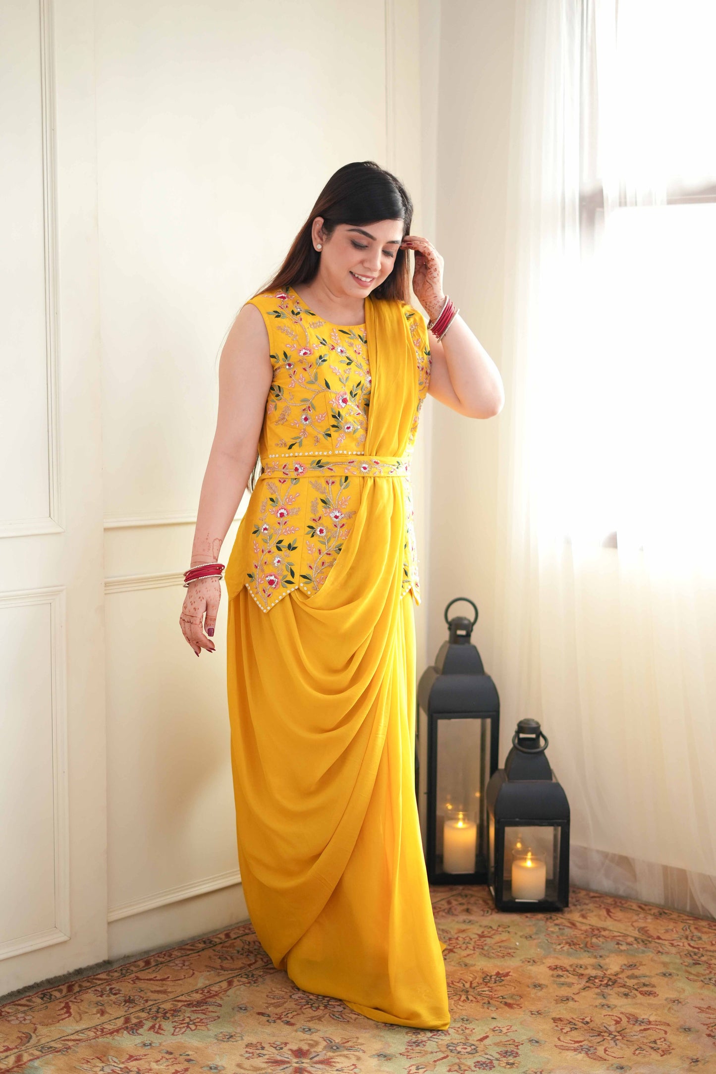 Mukti Yellow Embroidered Drape Saree