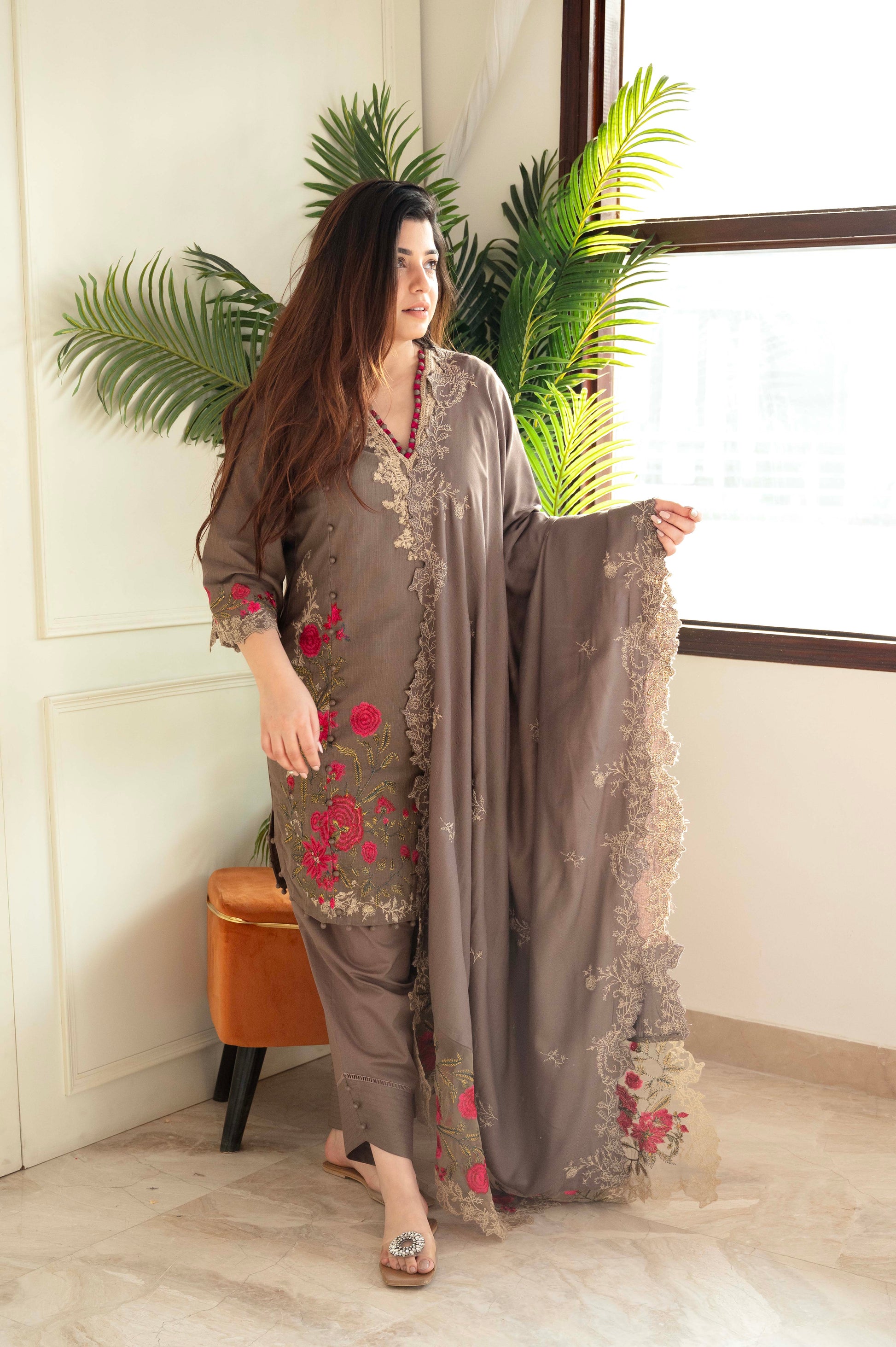 Sana Brown Embroidered Pakistani Linen Suit