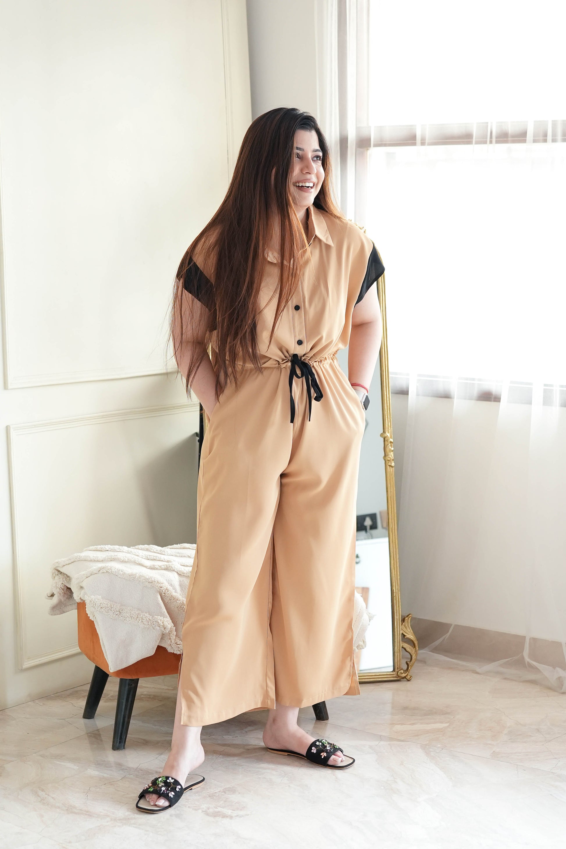 Daisy Beige Front Knot Jumpsuit