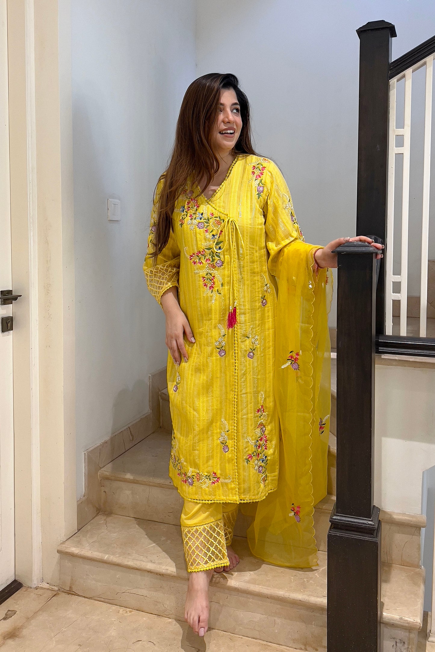 Sabha Yellow Angrakha Embroidered Suit Set