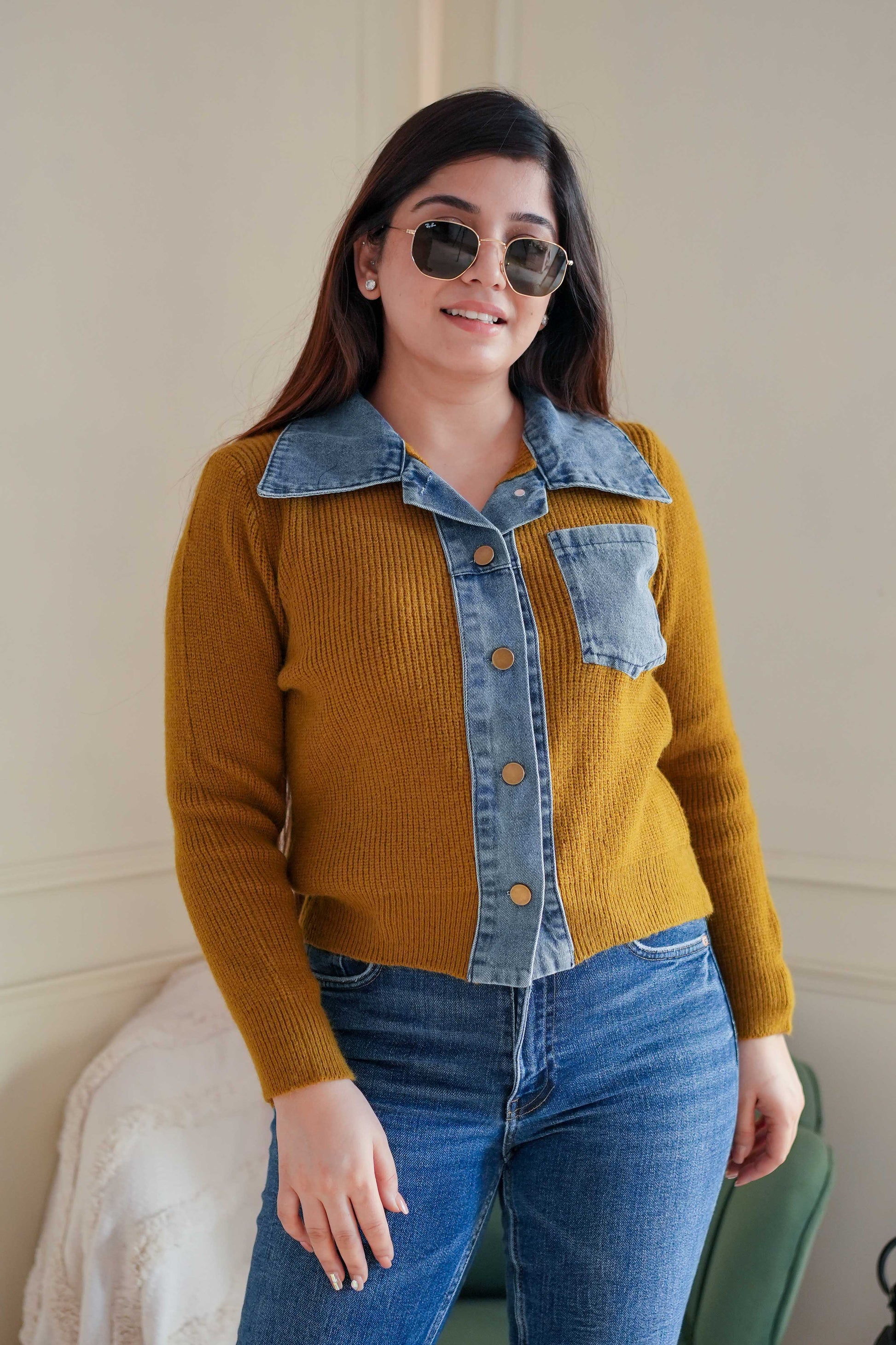 Yami Mustard Denim Detailed Sweater