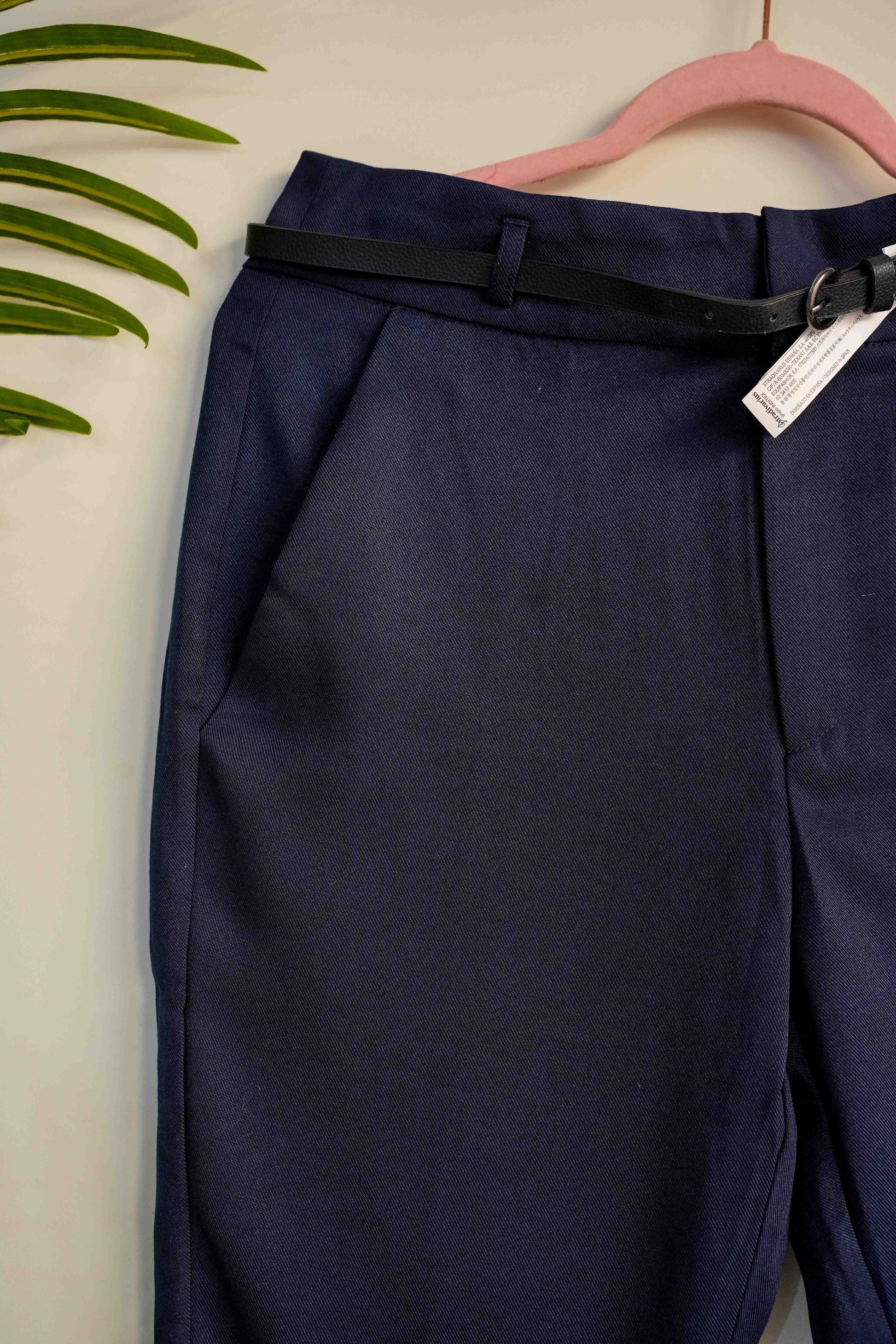 Navy Blue Straight Trousers with Belt