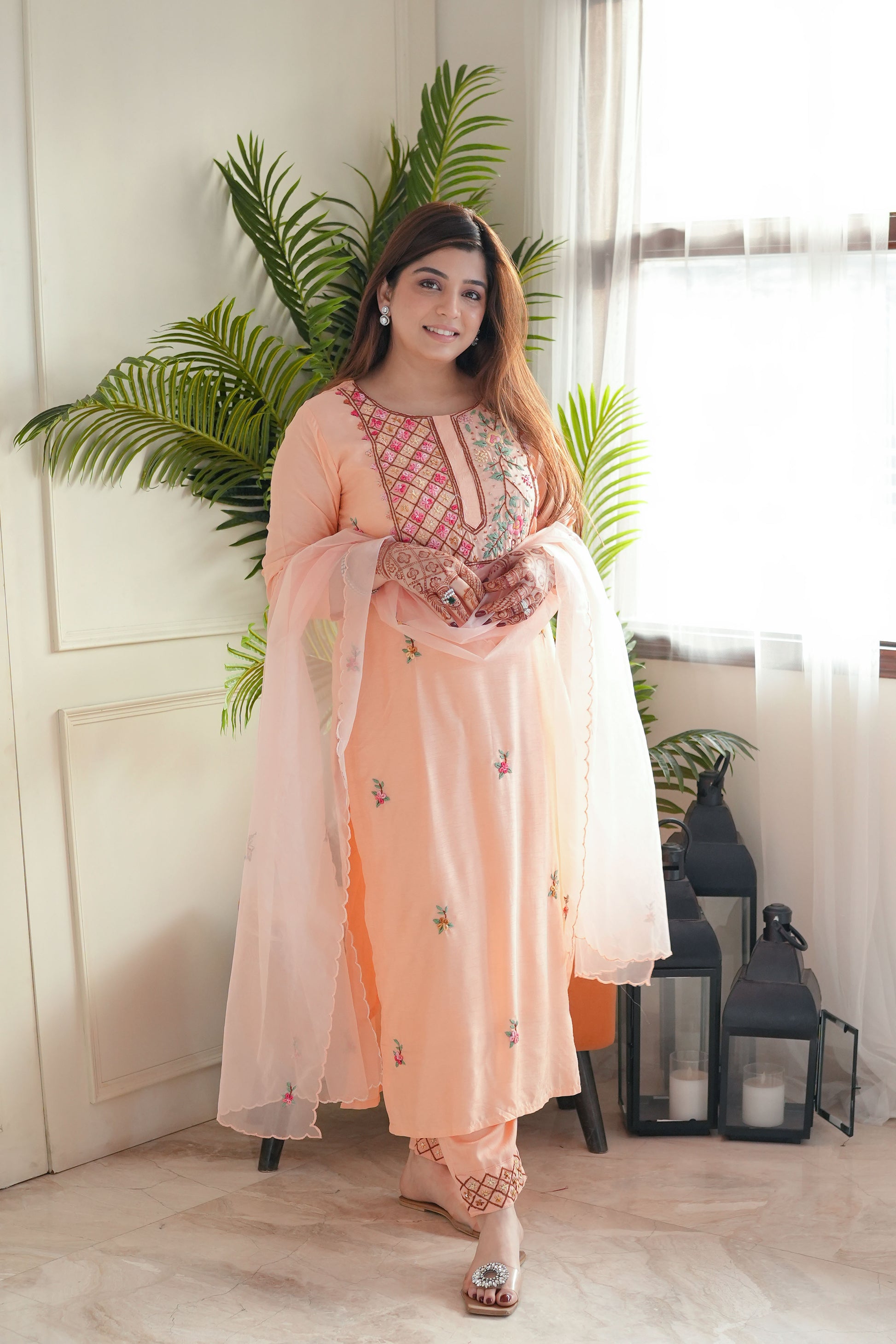 Neeya Peach Hand Embroidered Suit Set