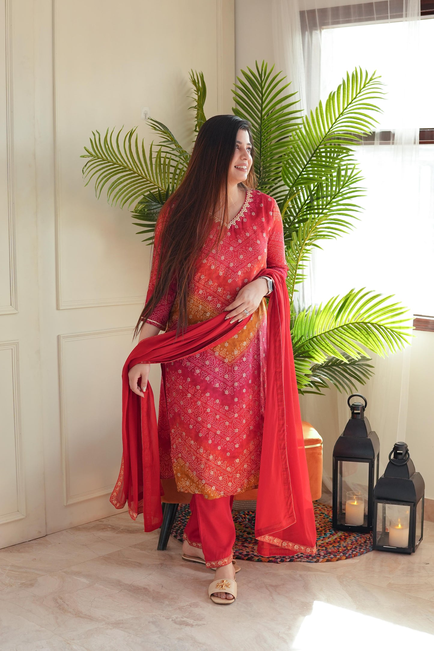 Pratha Red Printed Silk Suit