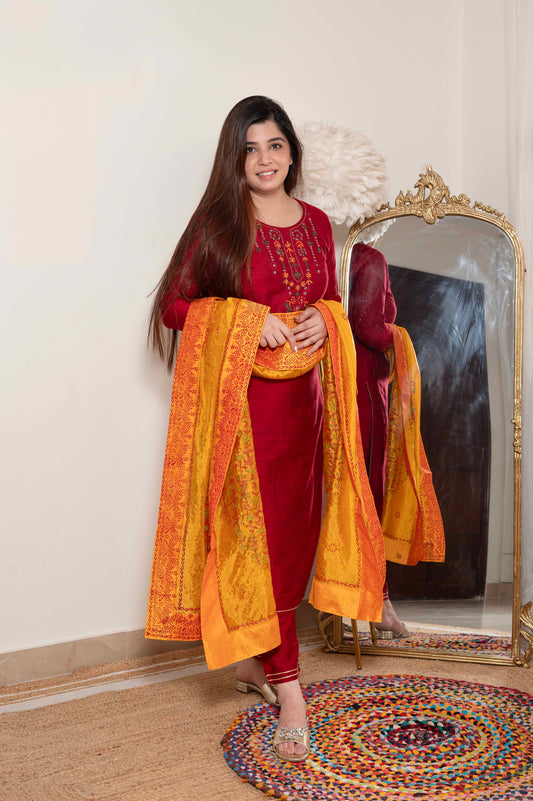 Chanda Red Suit Set With Hand Painted Dupatta