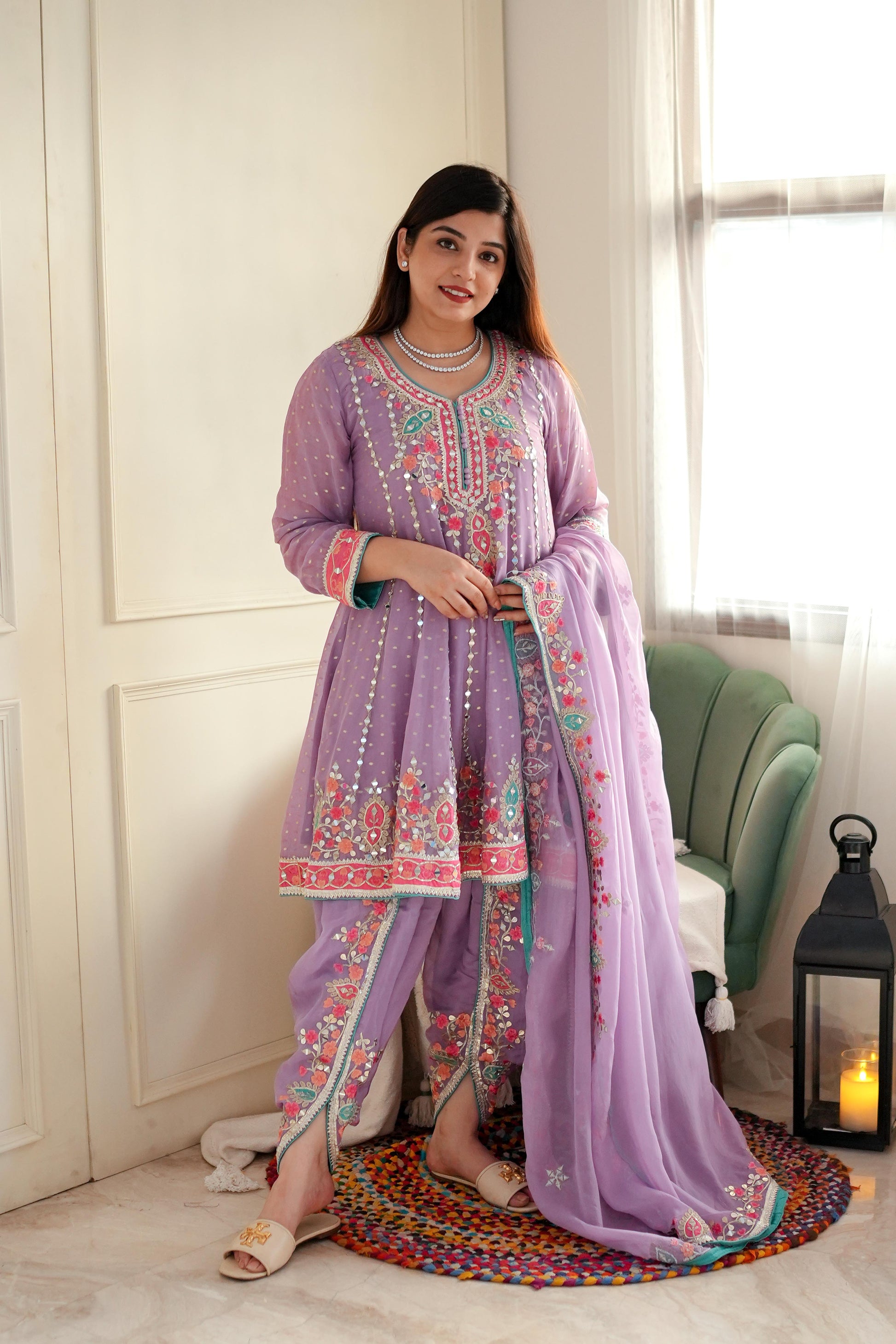 Kiara Lavender Mirror Work Short Anarkali With Dhoti