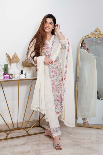 Keerat White Schiffli Suit Set