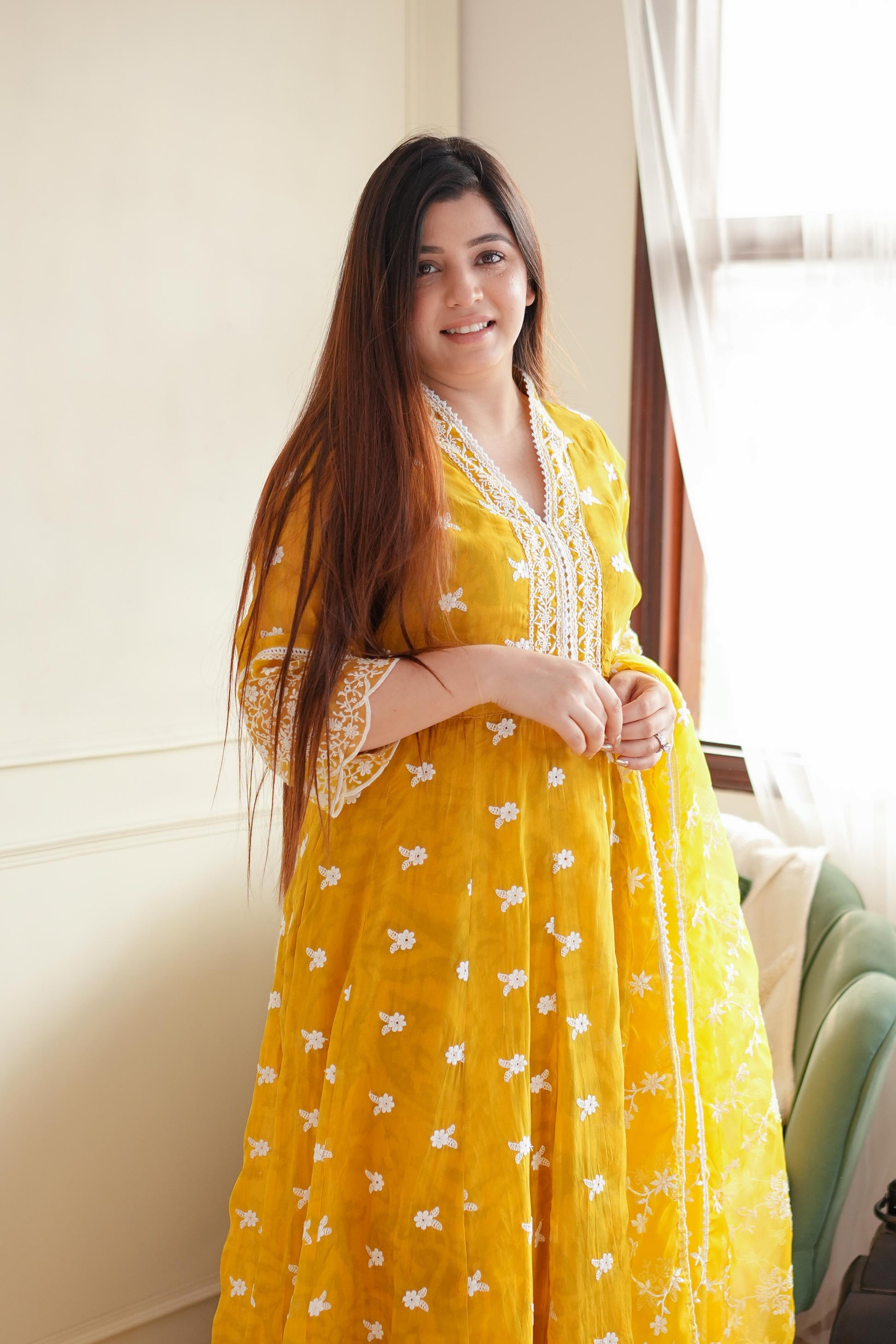 Faroza Yellow Schiffli Anarkali Suit Set