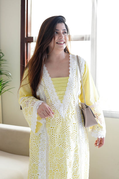 Farah Lemon Cutwork Plazo Set