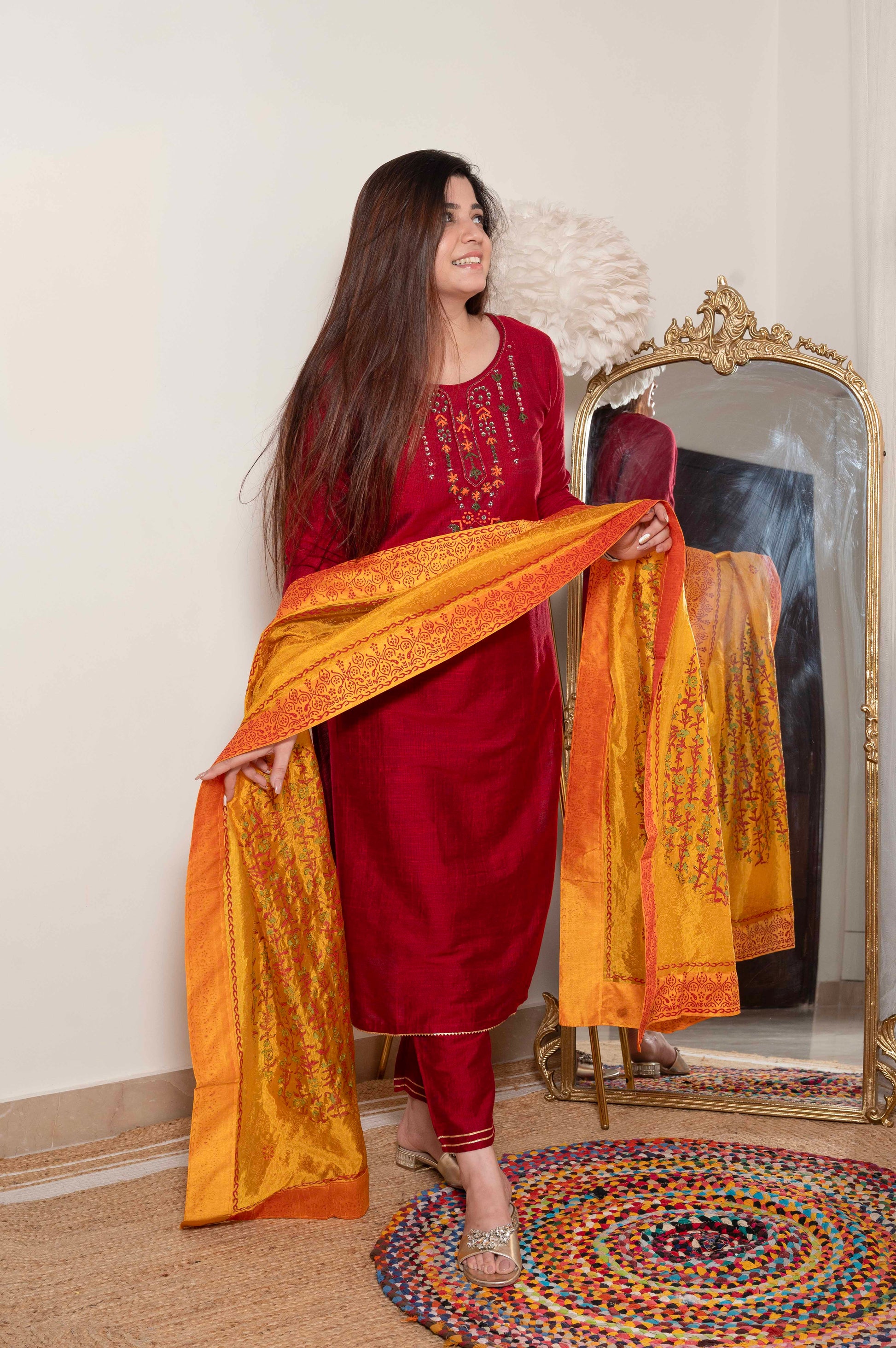 Chanda Red Suit Set With Hand Painted Dupatta