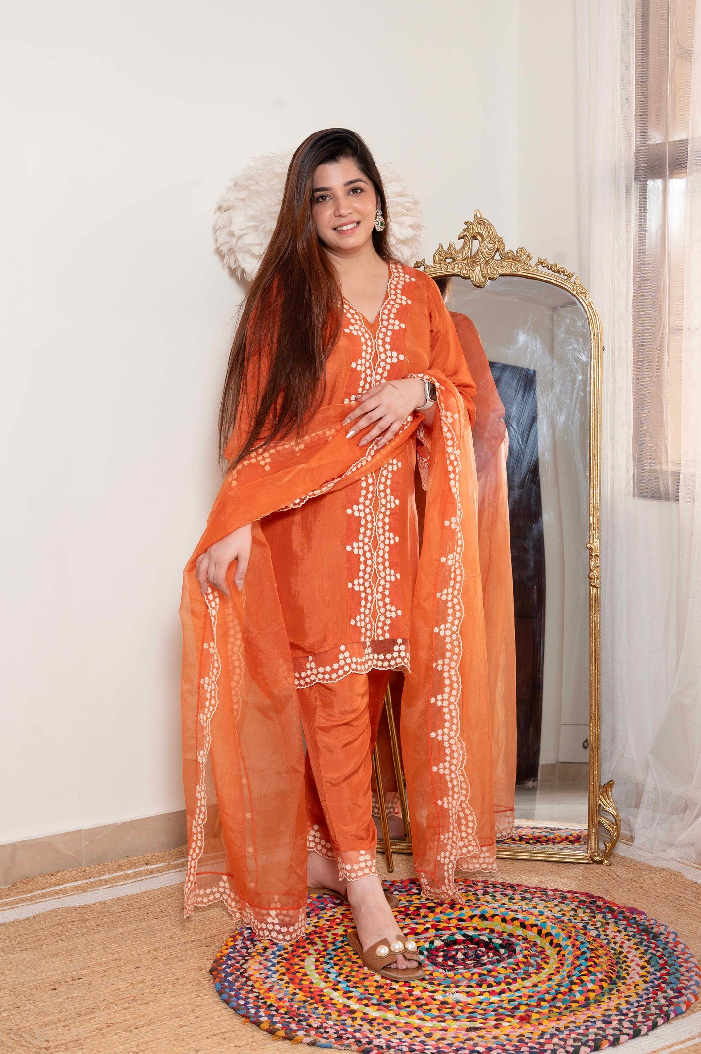 Sukh Rust Silk Suit Set With Schiffli Detailing