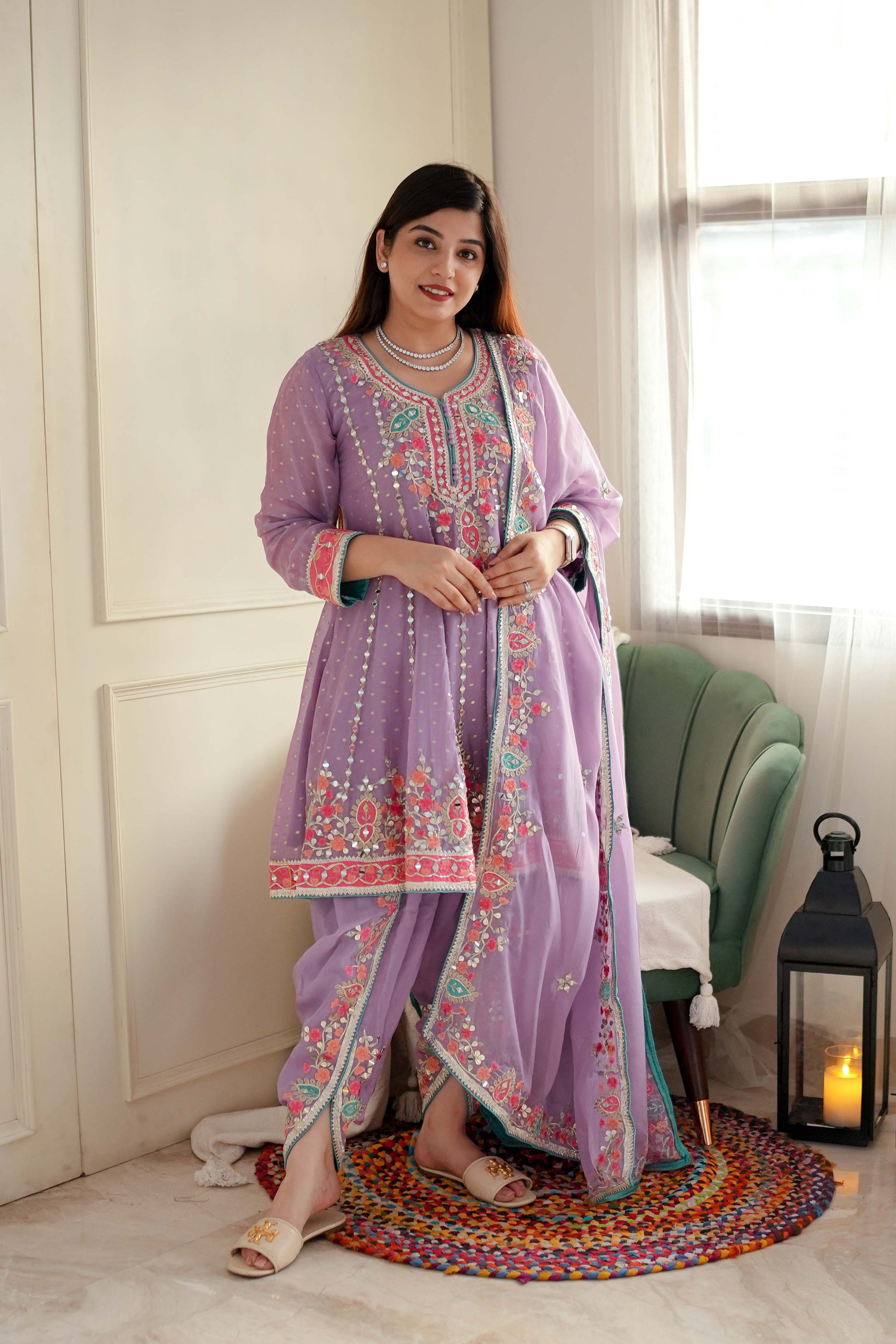 Kiara Lavender Mirror Work Short Anarkali With Dhoti