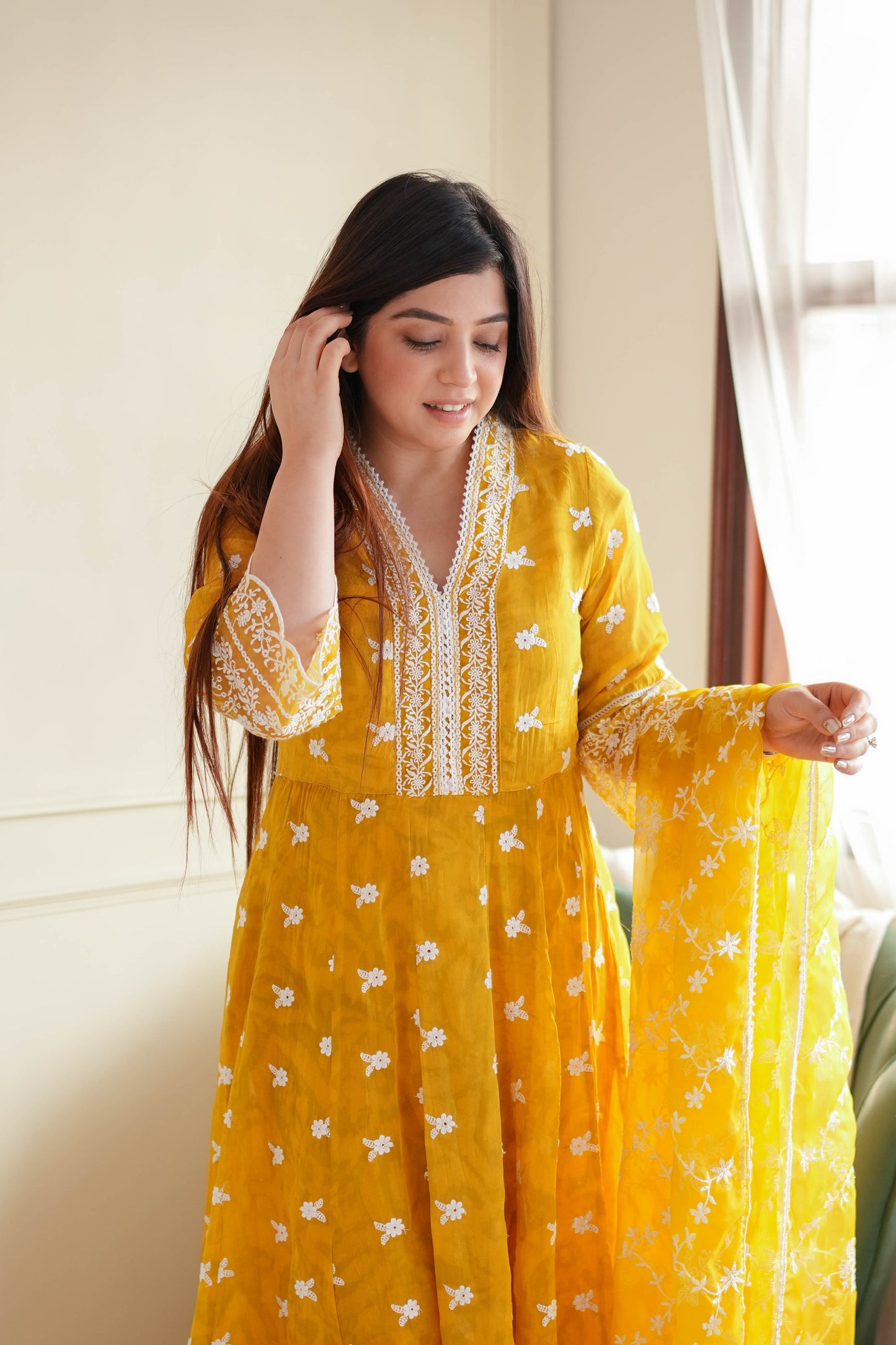 Faroza Yellow Schiffli Anarkali Suit Set