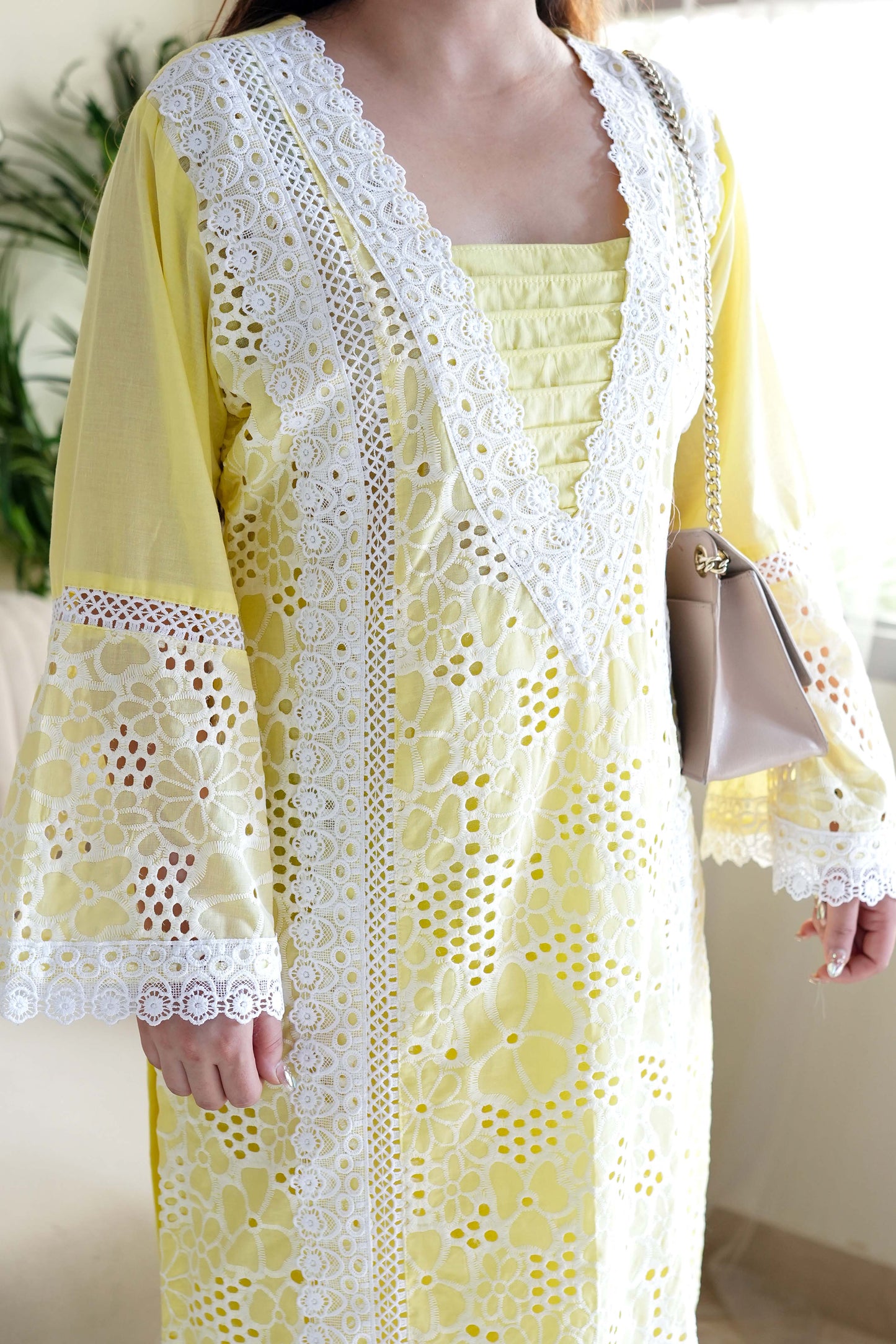 Farah Lemon Cutwork Plazo Set