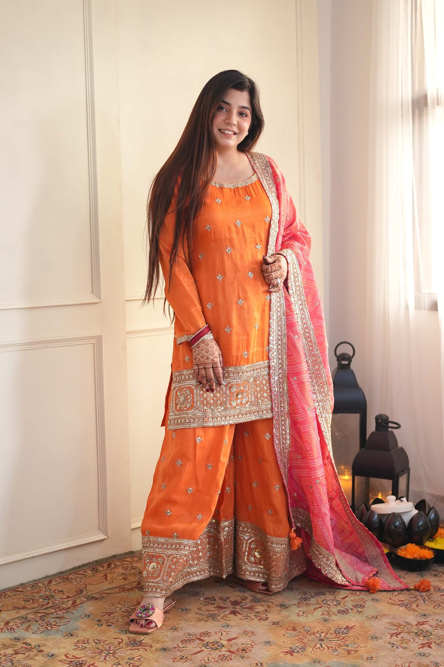 Anaira Orange Silk Suit With Bandhani Dupatta